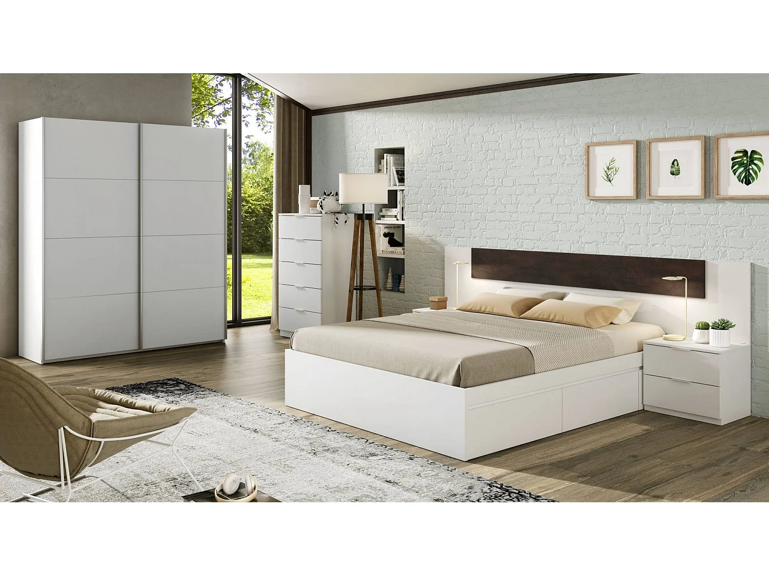 Armoire Ponce, Armoire de chambre avec 2 portes coulissantes, Armoire avec tringle à vêtements et 2 étagères, 150x60h200 cm, Blanc brillant