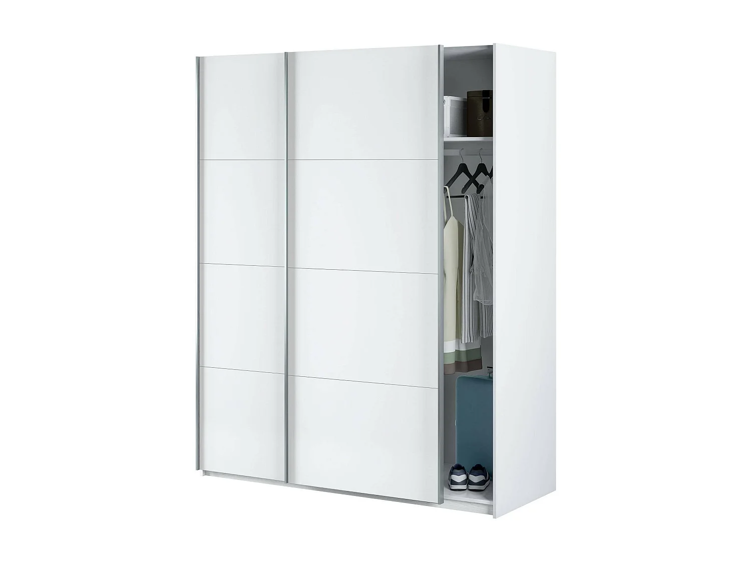 Garderobe Ponce, Schlafzimmer Kleiderschrank mit 2 Schiebetüren, Schrank mit Kleiderstange und 2 Einlegeböden, 150x60h200 cm, WeiÃŸ