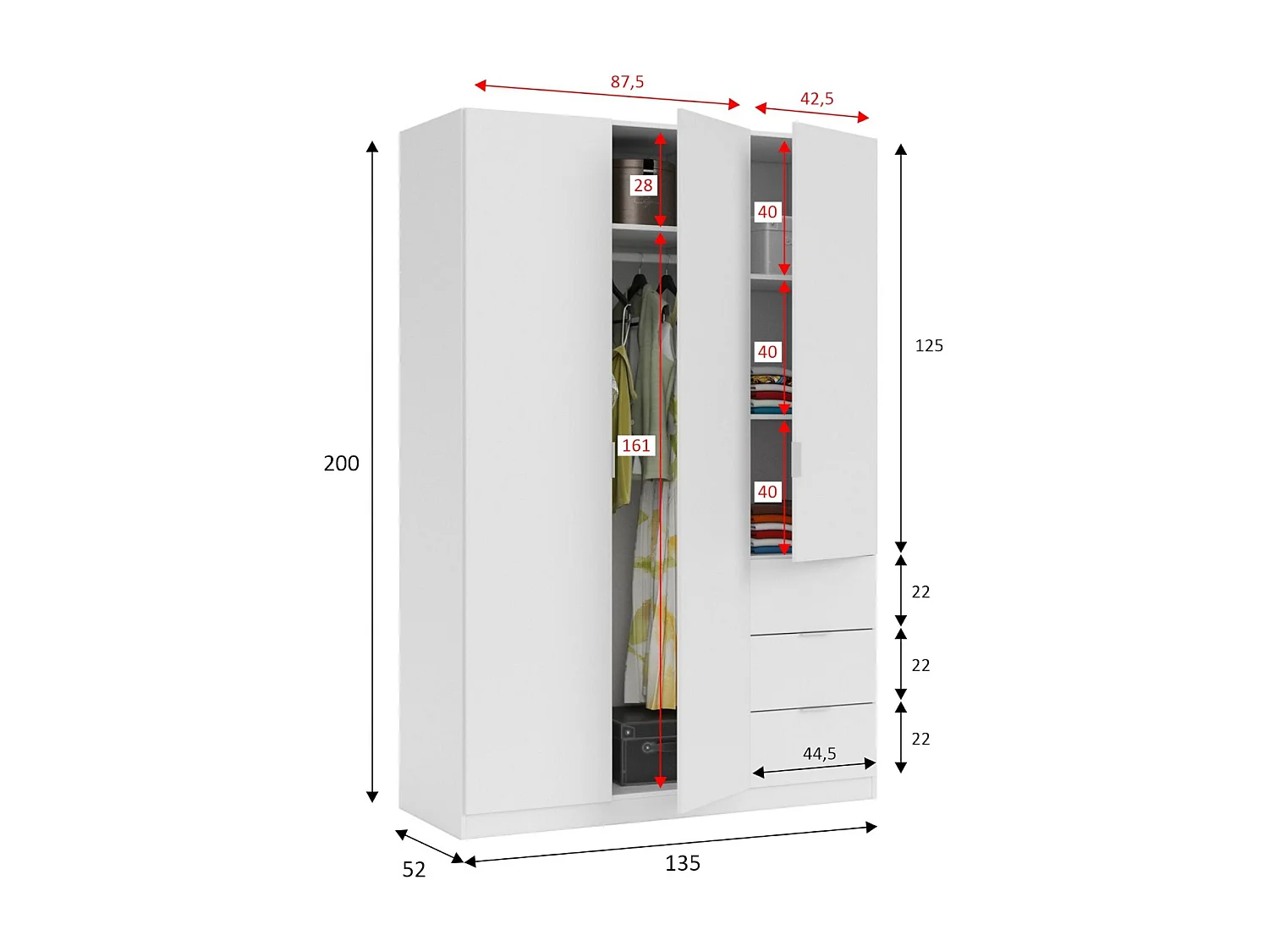 Armoire Fullerton, armoire de chambre à coucher avec 3 portes et 3 tiroirs, armoire avec 3 étagères et barre de suspension, 135x52h200 cm, blanc