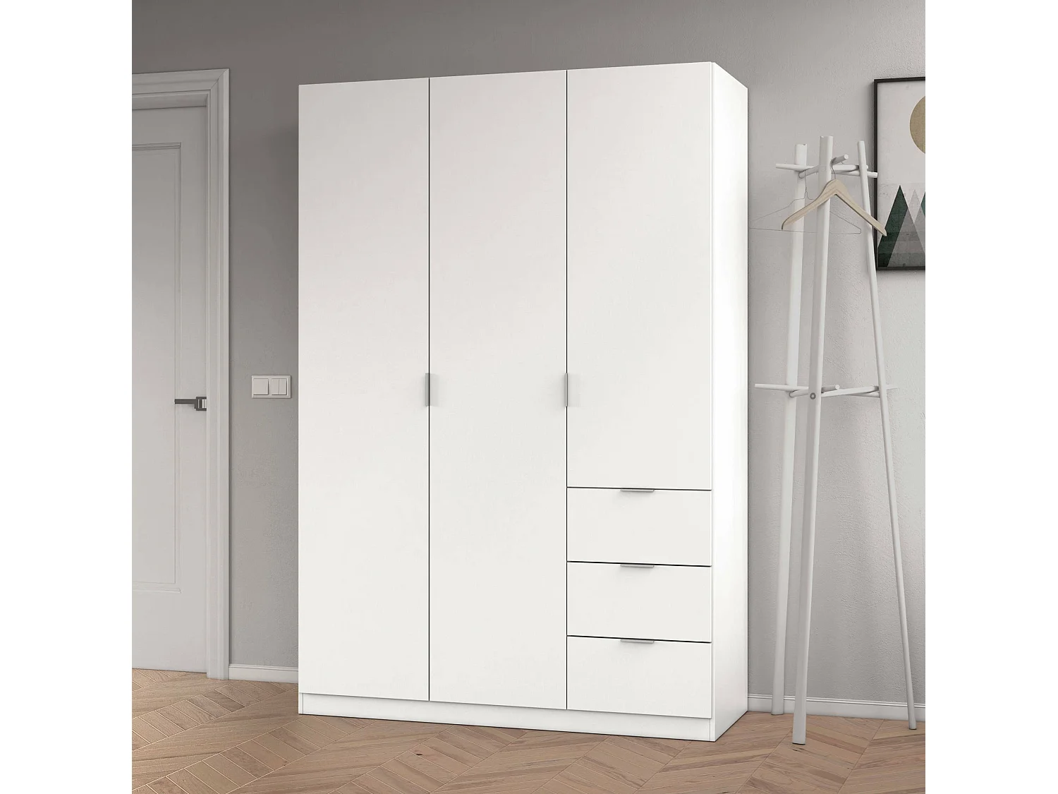 Armoire Fullerton, armoire de chambre à coucher avec 3 portes et 3 tiroirs, armoire avec 3 étagères et barre de suspension, 135x52h200 cm, blanc