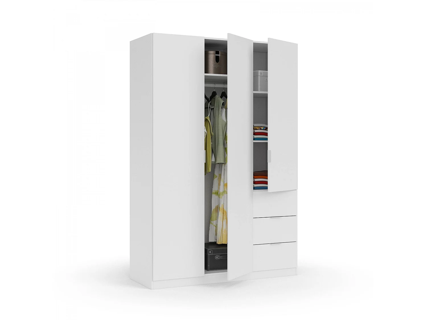 Guardarropa Fullerton, Armario dormitorio con 3 puertas y 3 cajones, Mueble con 3 baldas y barra perchero, 135x52h200 cm, Blanco