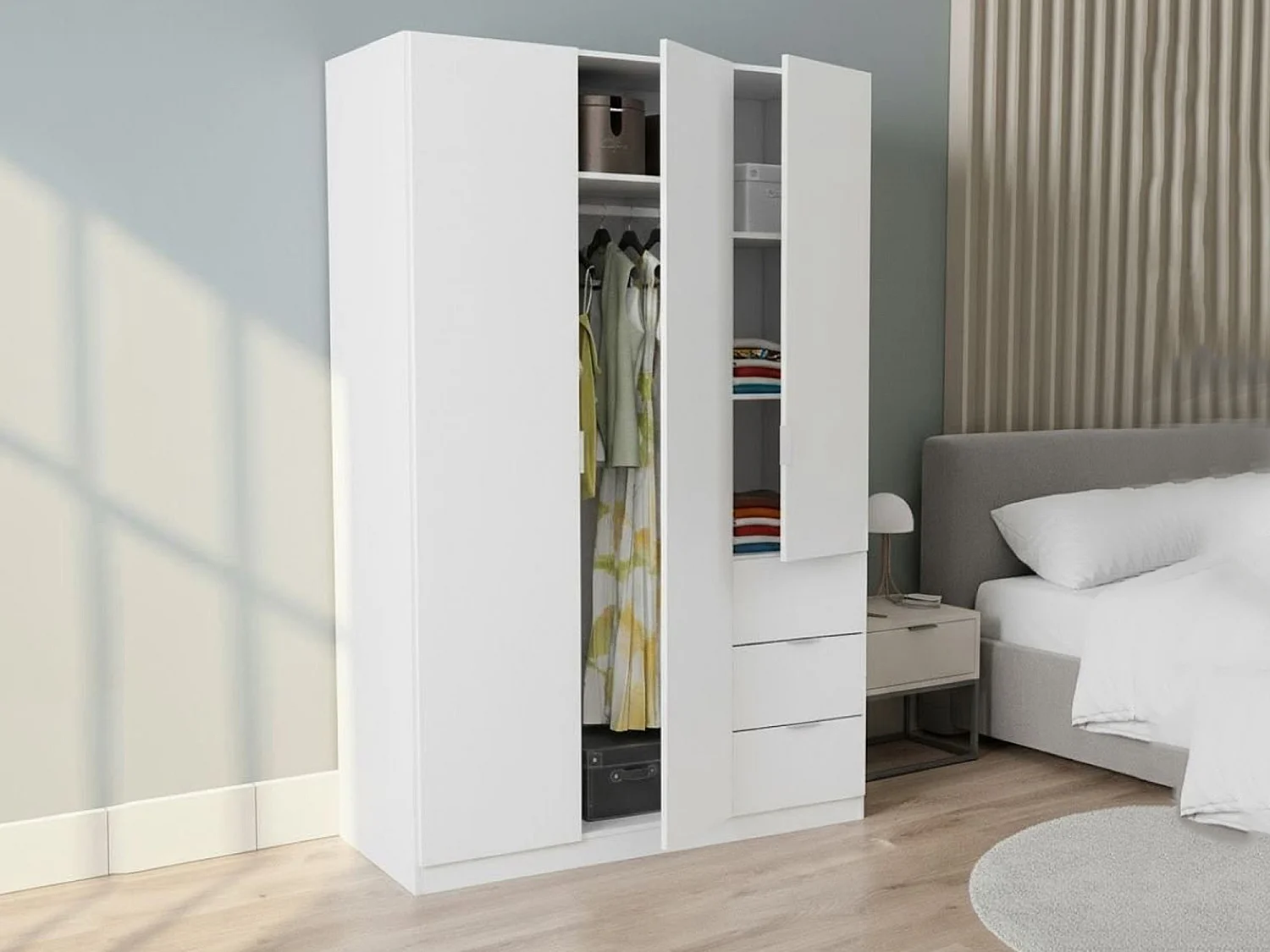 Guardarropa Fullerton, Armario dormitorio con 3 puertas y 3 cajones, Mueble con 3 baldas y barra perchero, 135x52h200 cm, Blanco