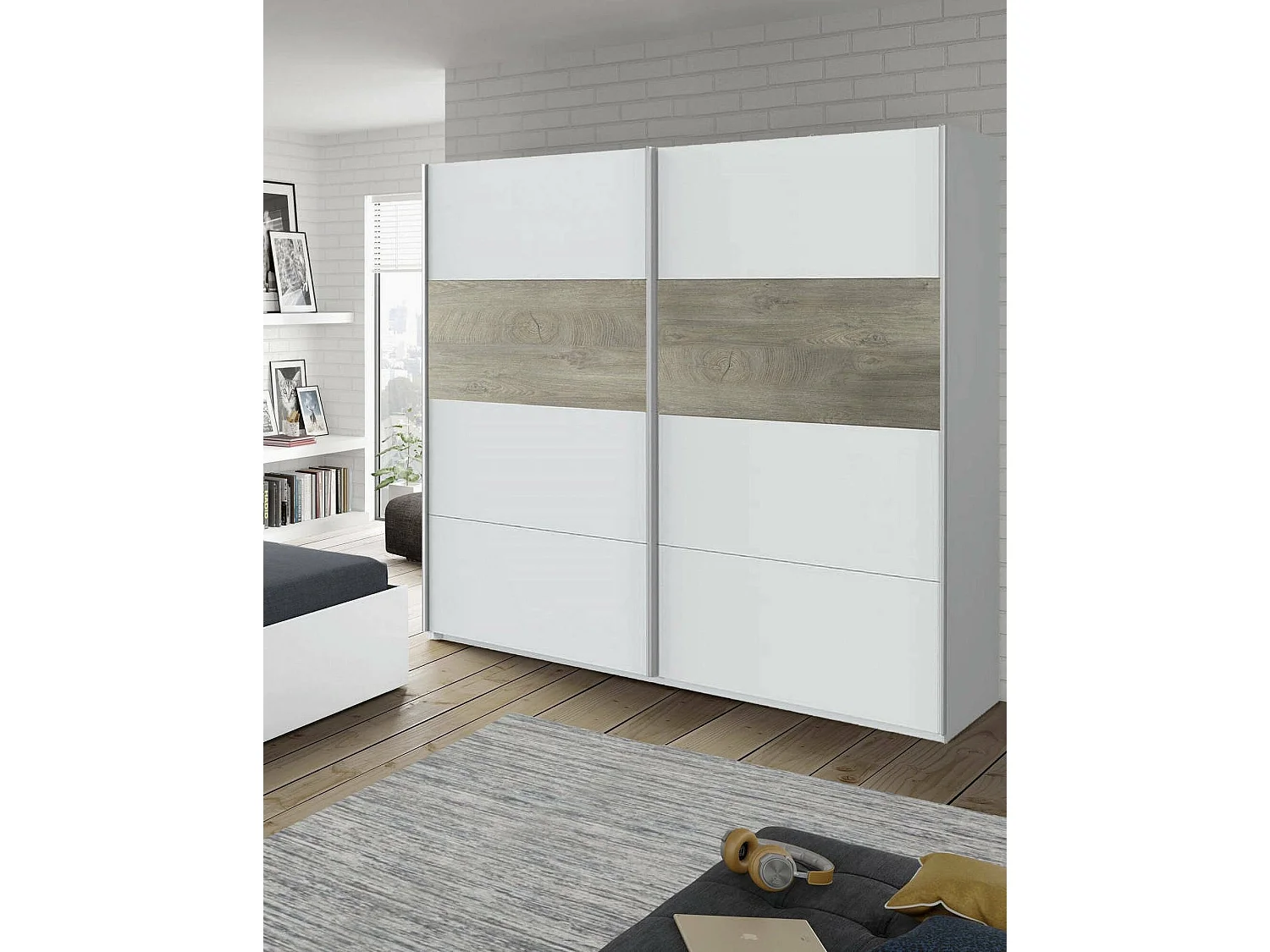 Armoire Elgin, Armoire de chambre avec 2 portes coulissantes, Armoire avec tringle à vêtements et 3 étagères, 180X60h200 cm, Blanc et Chêne
