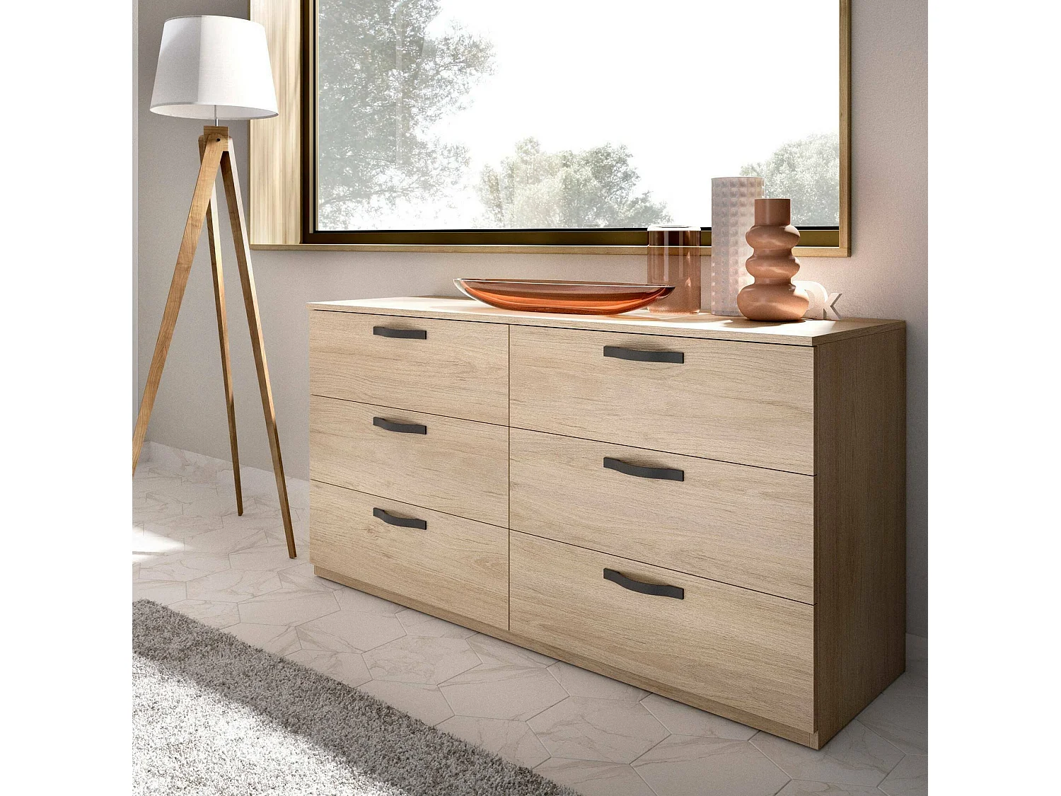 Commode Daint, Commode de chambre à coucher, Commode avec 6 tiroirs, 140x45h72 cm, Chêne
