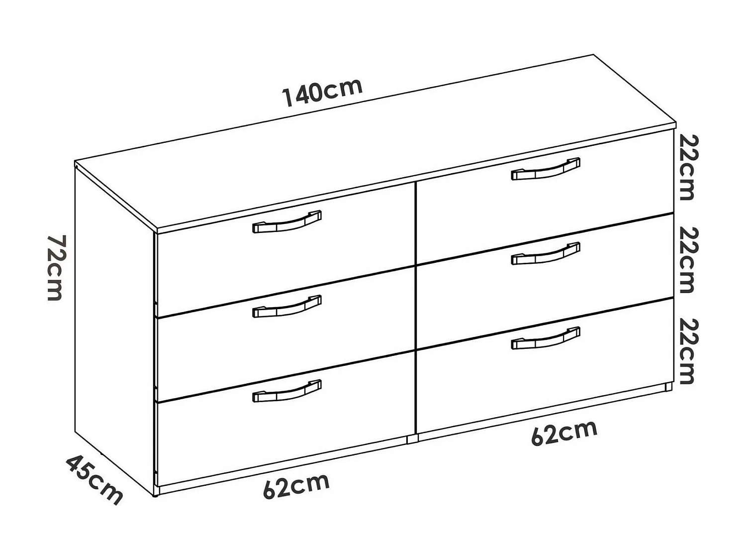 Commode Daint, Commode de chambre à coucher, Commode avec 6 tiroirs, 140x45h72 cm, Chêne