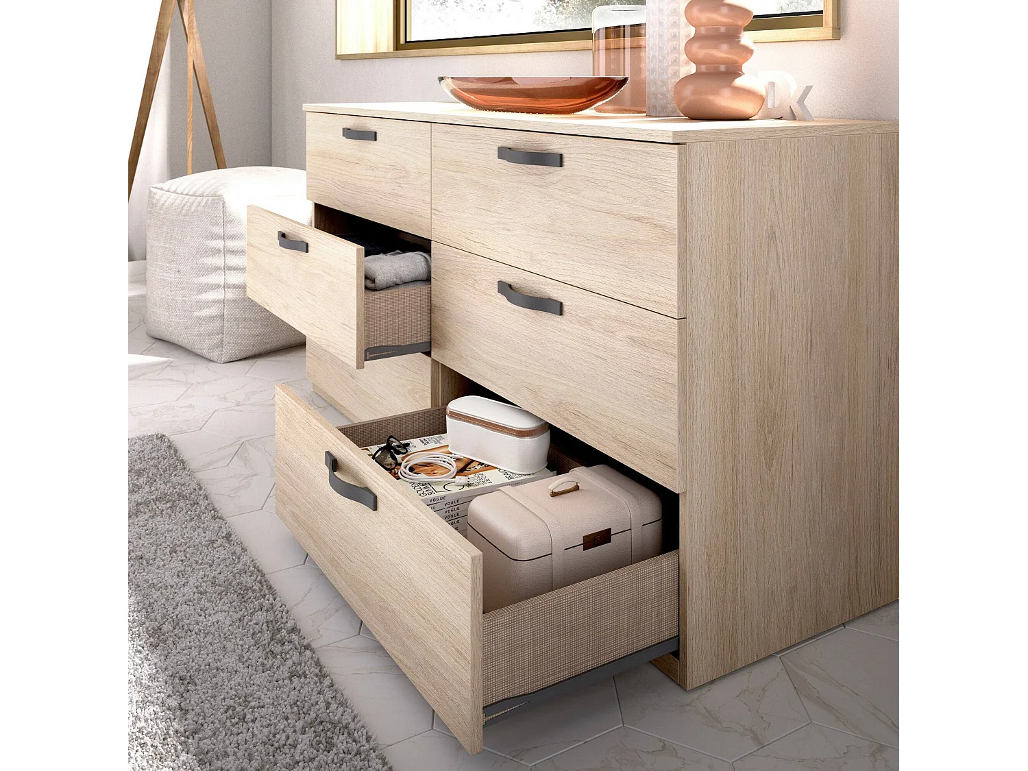 Commode Daint, Commode de chambre à coucher, Commode avec 6 tiroirs, 140x45h72 cm, Chêne