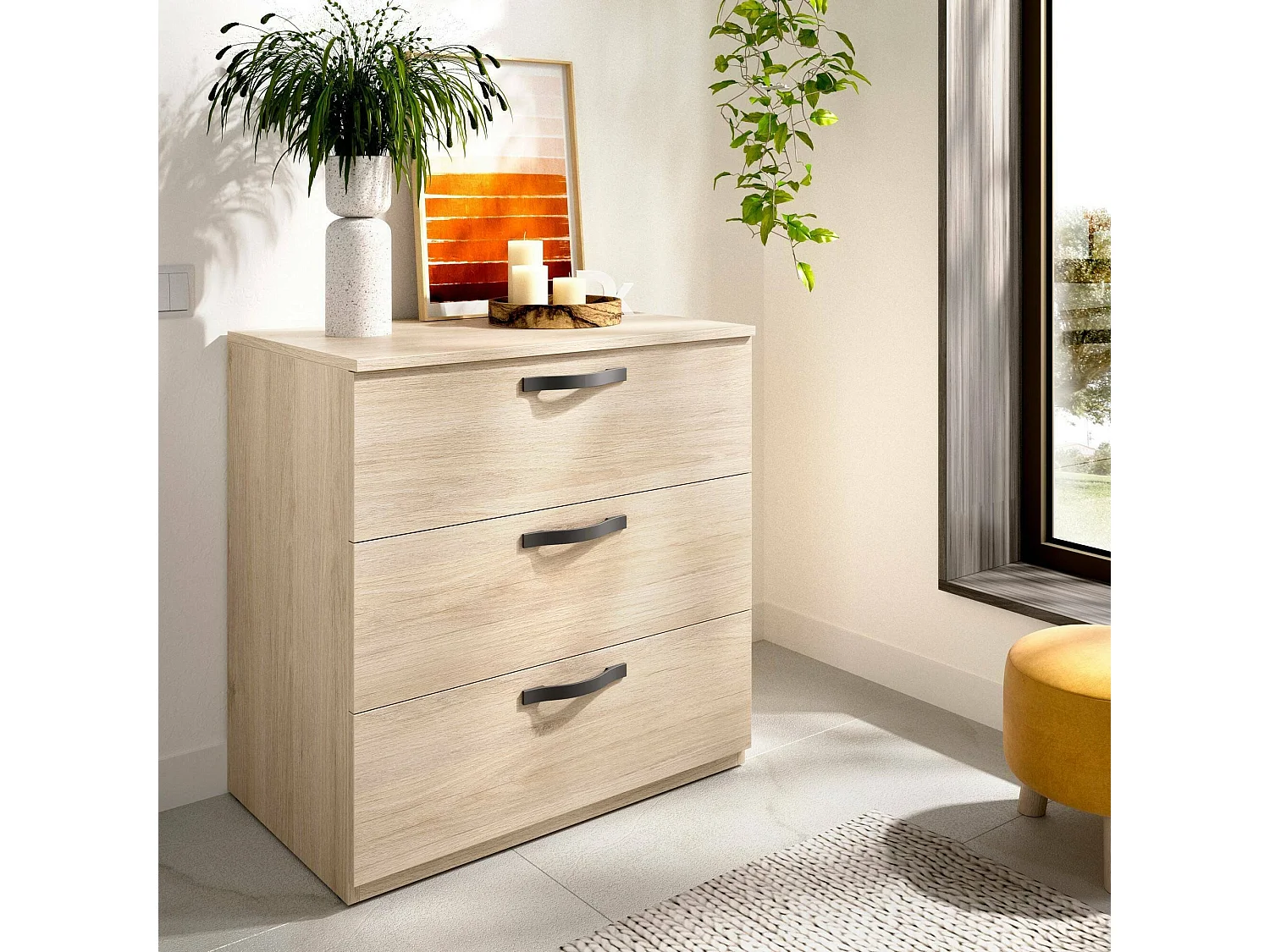 Cassettiera Peres, Settimanale per camera da letto, Comò con 3 cassetti, 70x45h72 cm, Rovere