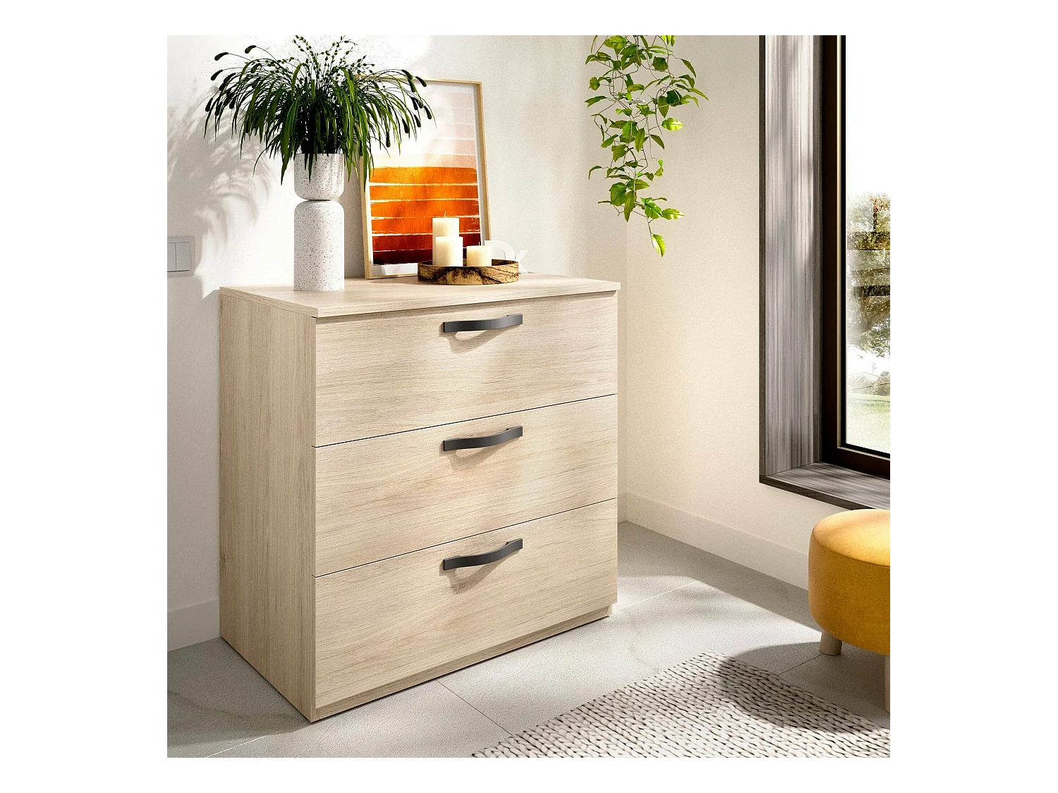 Cassettiera Peres, Settimanale per camera da letto, Comò con 3 cassetti, 70x45h72 cm, Rovere