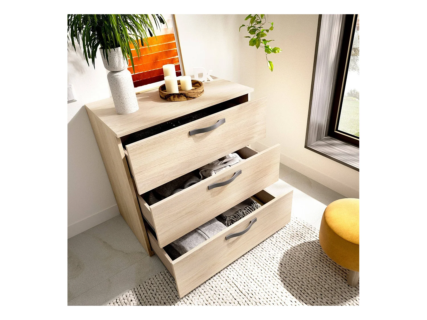 Cassettiera Peres, Settimanale per camera da letto, Comò con 3 cassetti, 70x45h72 cm, Rovere