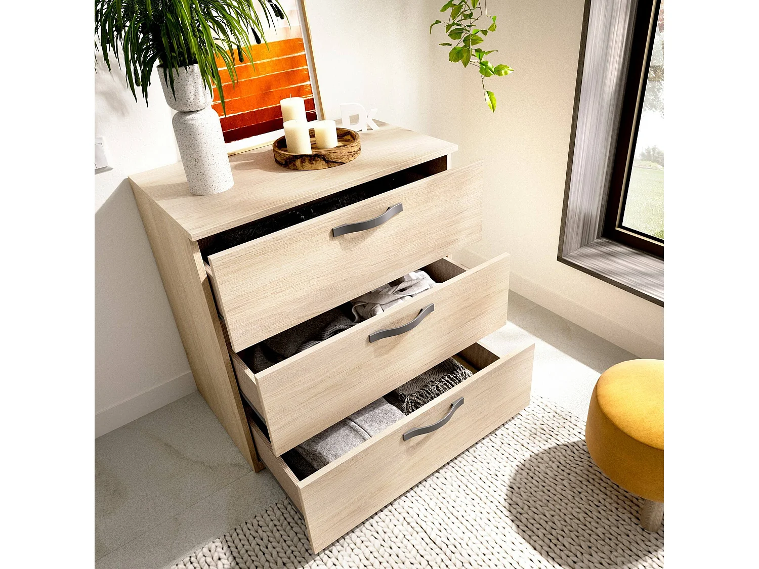 Commode Peres, Commode de chevet, Commode avec 3 tiroirs, 70x45h72 cm, Chêne