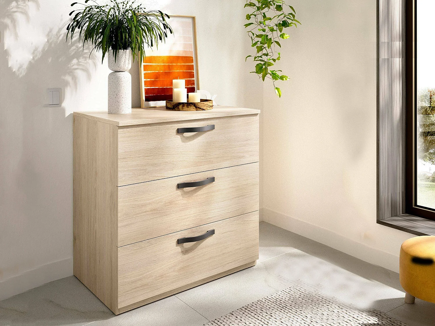 Dmora Ladenkast Peres 44,7x70,4x72,3h cm Bruin Eiken 3 Laden Schuifopening, Schuifsluiting