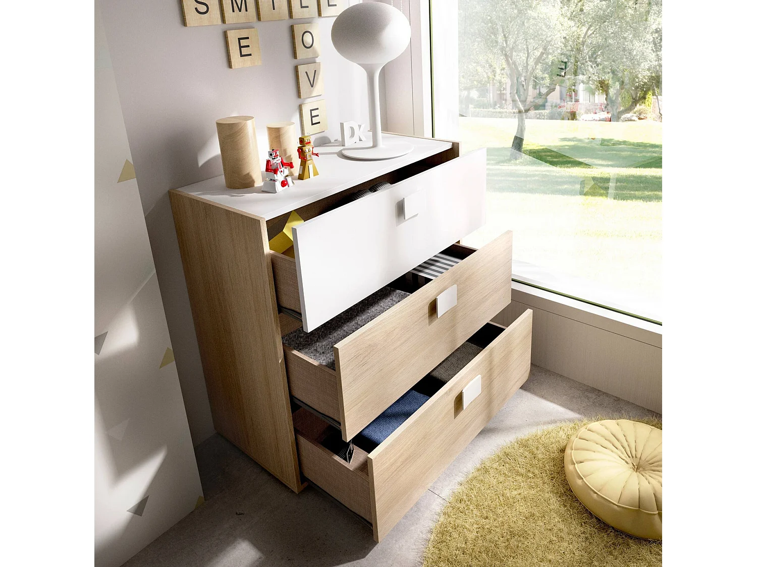 Commode Sella, Commode pour la chambre, Commode avec 3 tiroirs, 80x43h81 cm, Chêne et Blanc