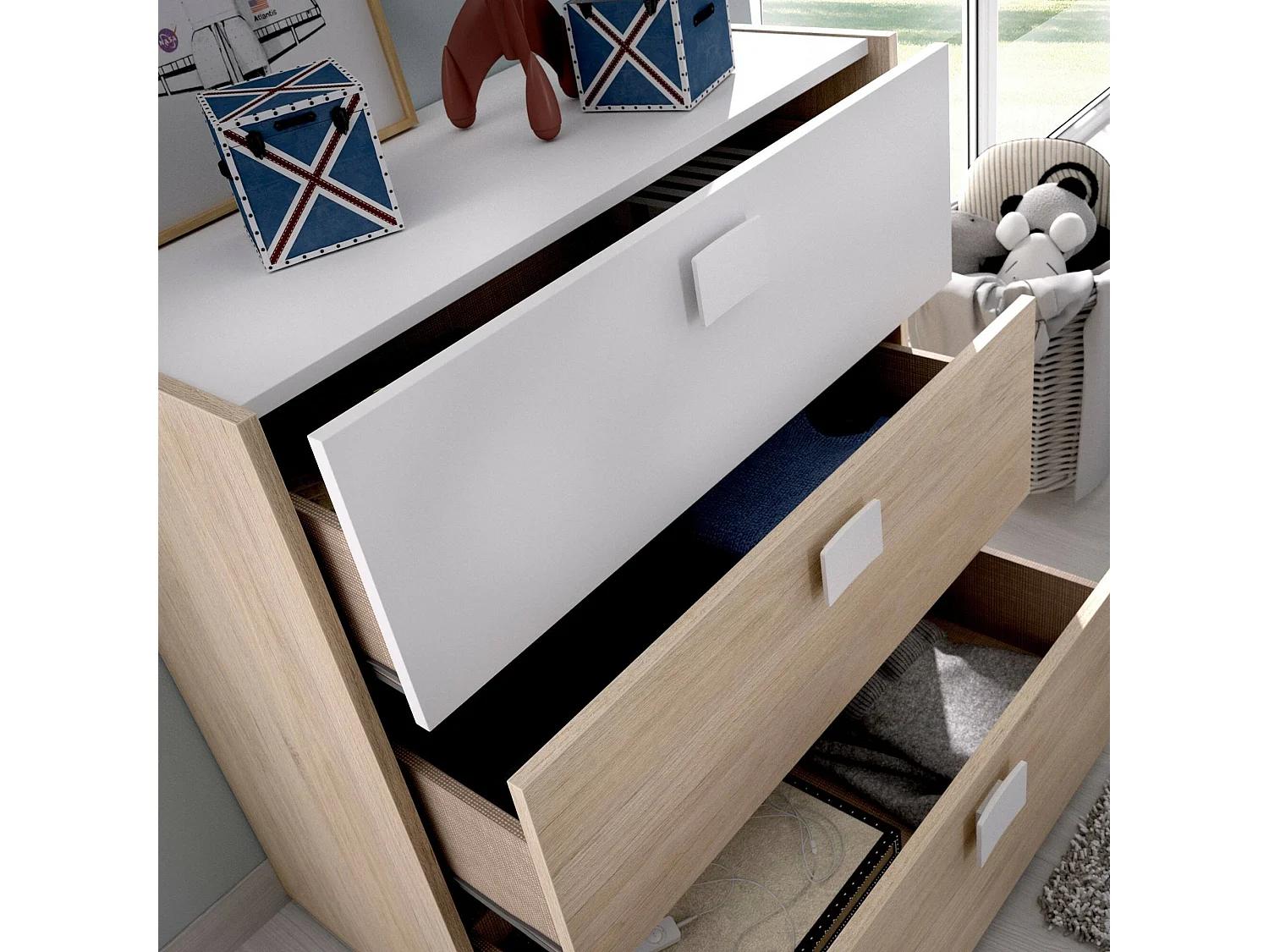 Commode Sella, Commode pour la chambre, Commode avec 3 tiroirs, 80x43h81 cm, Chêne et Blanc