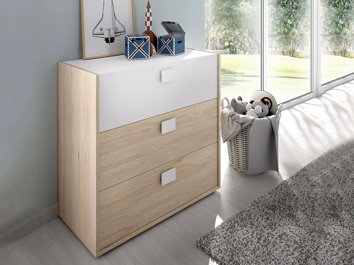 Commode Sella, Commode pour la chambre, Commode avec 3 tiroirs, 80x43h81 cm, Chêne et Blanc