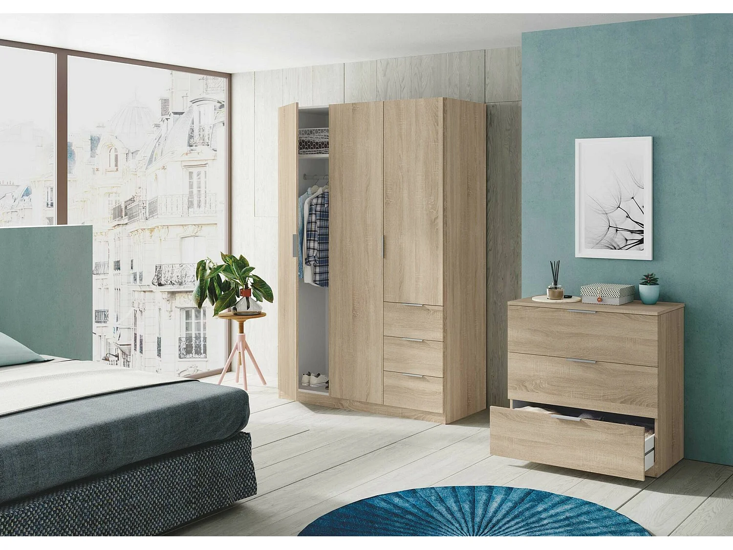 Whittier ladekast, Slaapkamer ladekast, Ladekast met 3 laden, 77x38h80 cm, Eiken