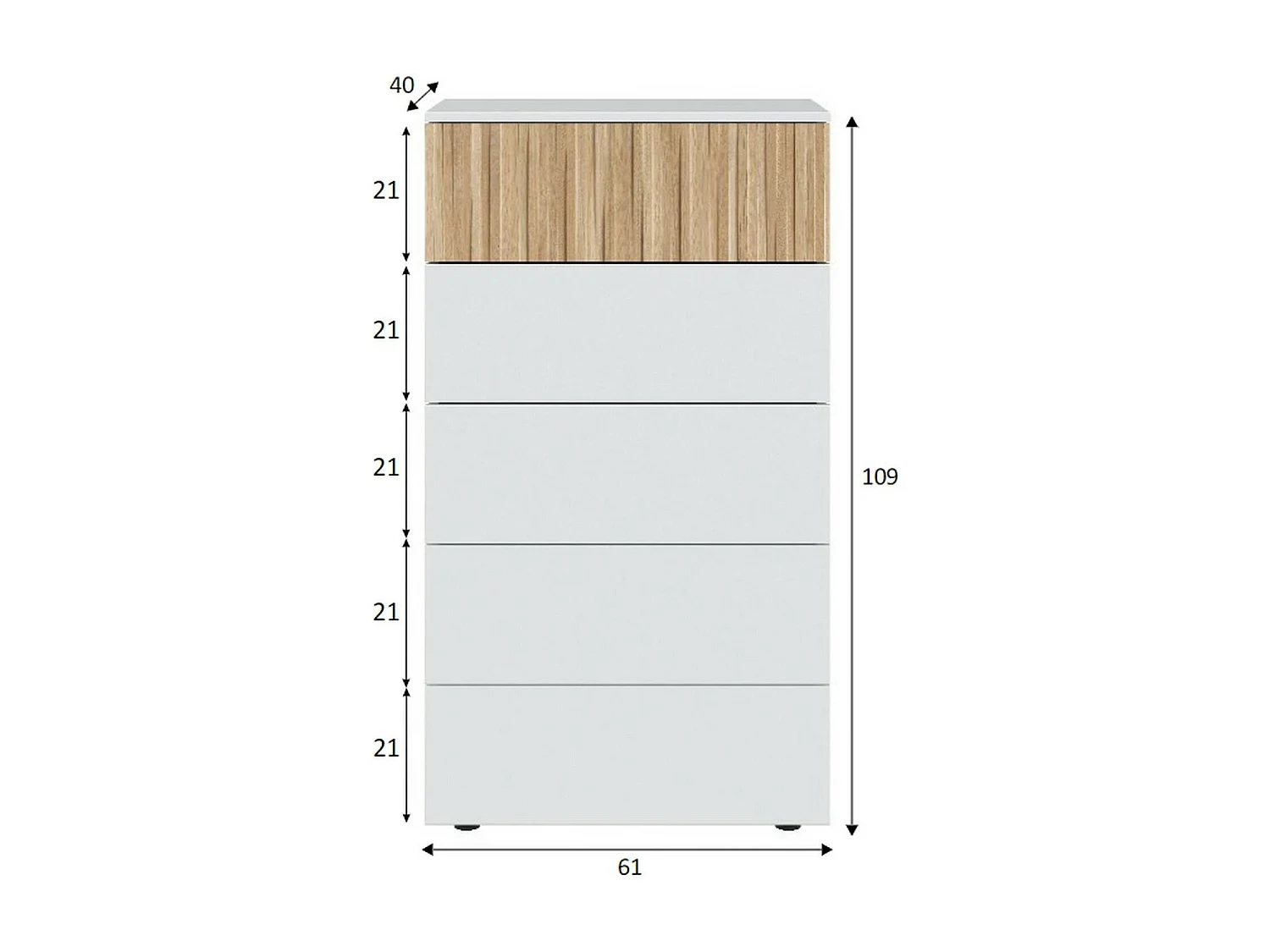 Commode Wynne, commode à 5 tiroirs, commode pour la chambre, commode moderne, 61x40h109 cm, blanc et chêne