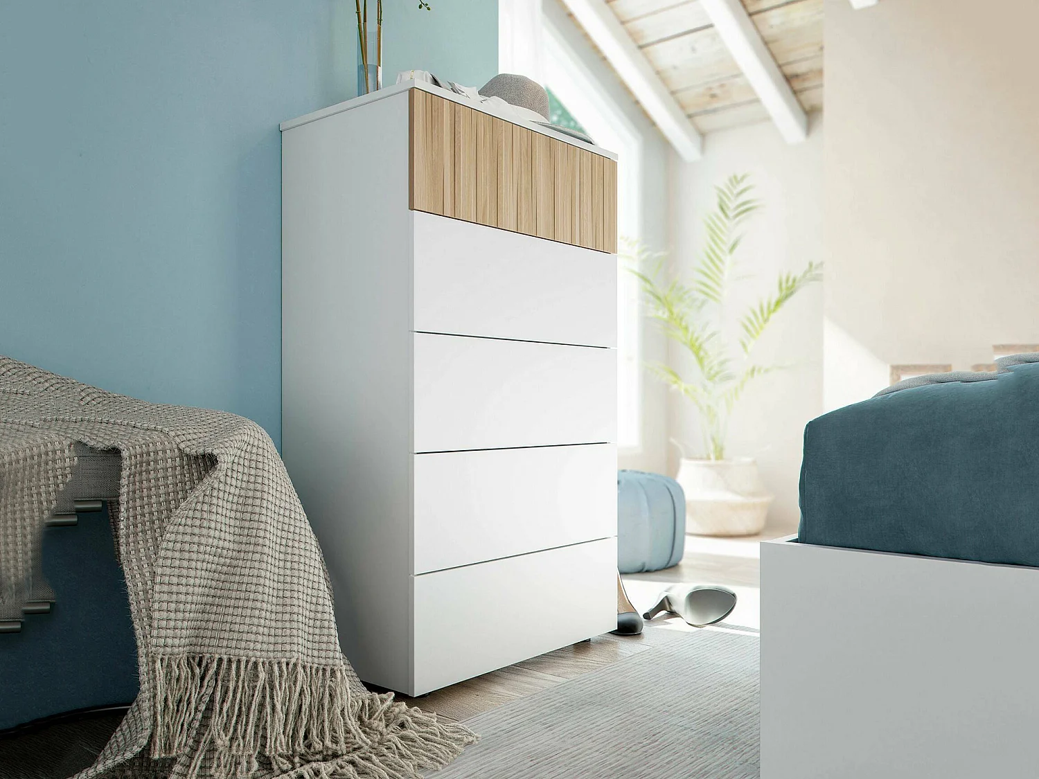 Commode Wynne, commode à 5 tiroirs, commode pour la chambre, commode moderne, 61x40h109 cm, blanc et chêne