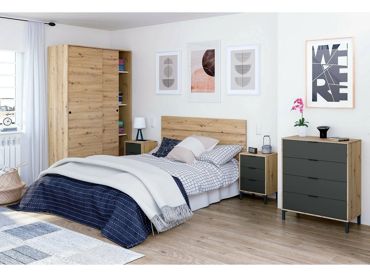 Armario Waterbury, Armario de dormitorio con 2 puertas correderas, Unidad con 4 estantes y barra para ropa, 120x50h200 cm, Roble Nudos