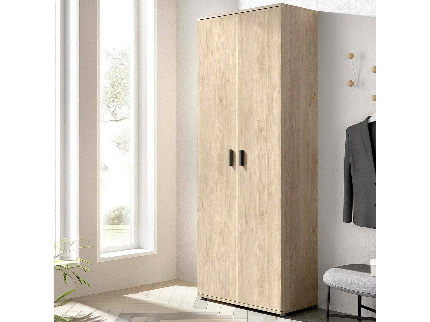 Armario multiusos Forcola, Porta escobas multifuncional, Armario con 2 puertas, 78x35h190 cm, Roble