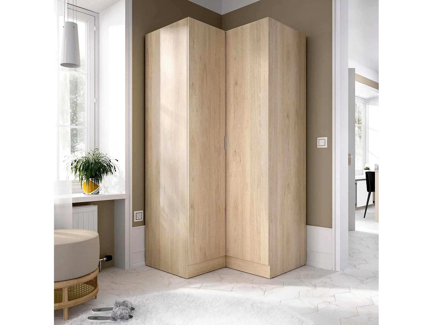 Kleiderschrank Elgon, Eckmöbel für Schlafzimmer, Eckschrank mit 2 Flügeltüren, 91x93h184 cm, Eiche