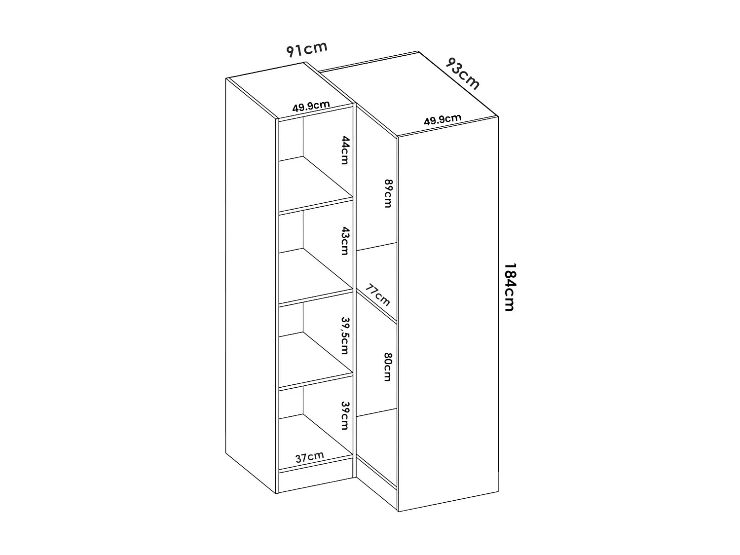 Armoire Elgon, Armoire d'angle pour chambre à coucher, Armoire d'angle avec 2 portes battantes, 91x93h184 cm, Chêne