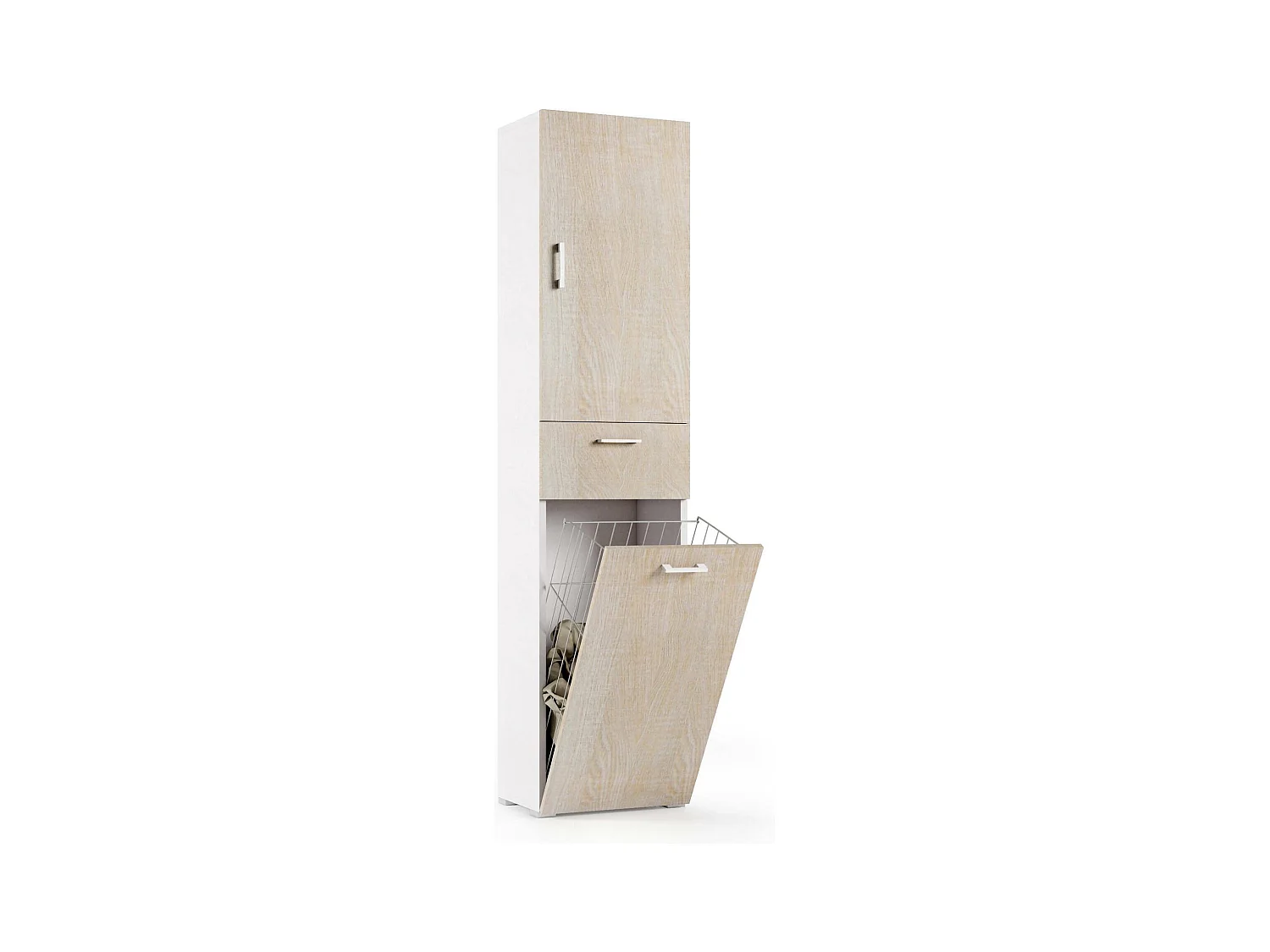 Armoire polyvalente Dcosim, Armoire à linge linéaire avec 2 portes, Colonne de salle de bain avec panier à linge, 100% Made in Italy, 45x32h195 cm, Chêne et Blanc