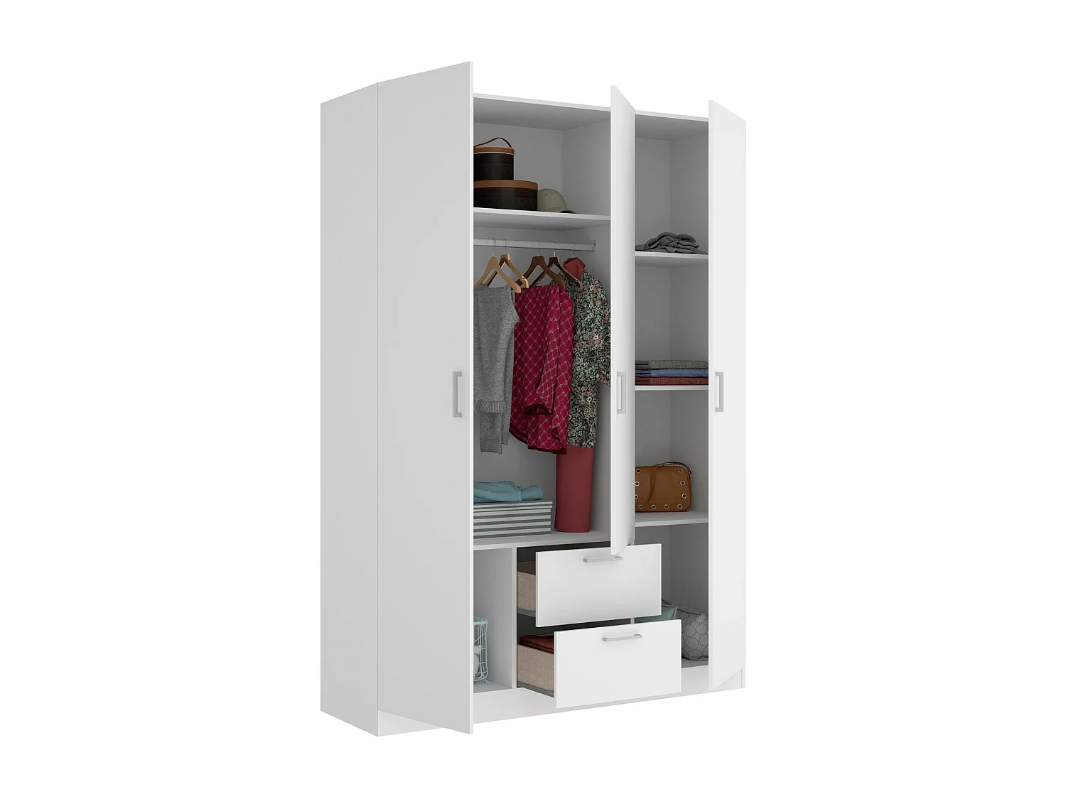 Argentella Armoire, Cintre pour chambre à coucher, Armoire avec 3 portes battantes et 2 tiroirs, 150x52h215 cm, Blanc