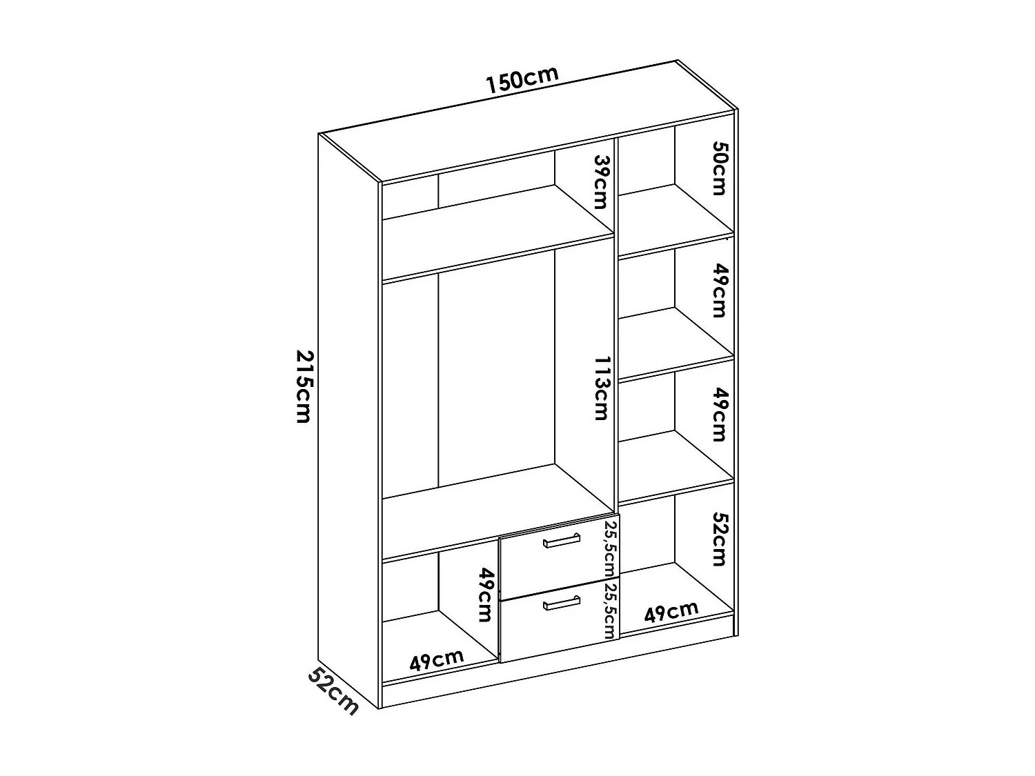 Argentella Armoire, Cintre pour chambre à coucher, Armoire avec 3 portes battantes et 2 tiroirs, 150x52h215 cm, Blanc