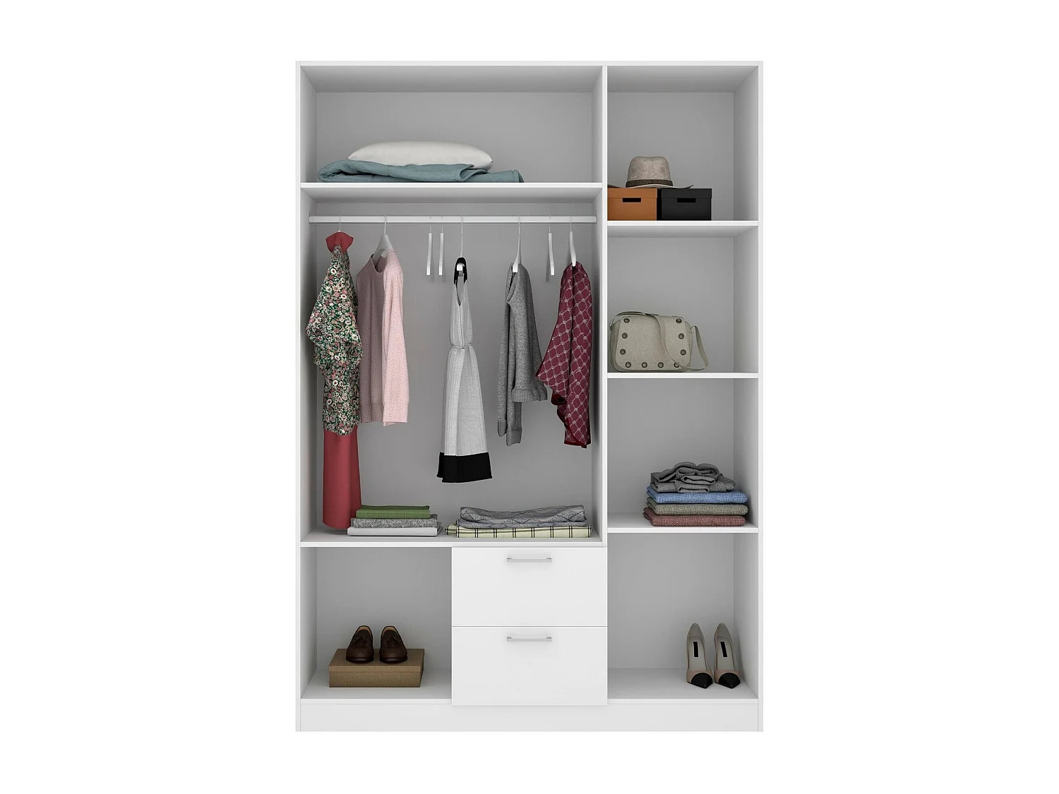 Argentella Kledingkast, Kledinghanger voor slaapkamer, Kledingkast met 3 draaideuren en 2 laden, 150x52h215 cm, Wit