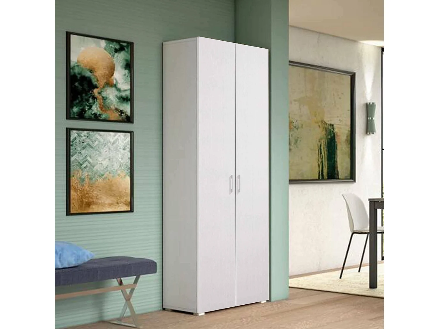 Armário multiuso Ddrega, Armário linear com 2 portas de batente, Armário com 6 prateleiras, Sapateira moderna, 100% Fabricado na Itália, 72x37h195 cm, Branco