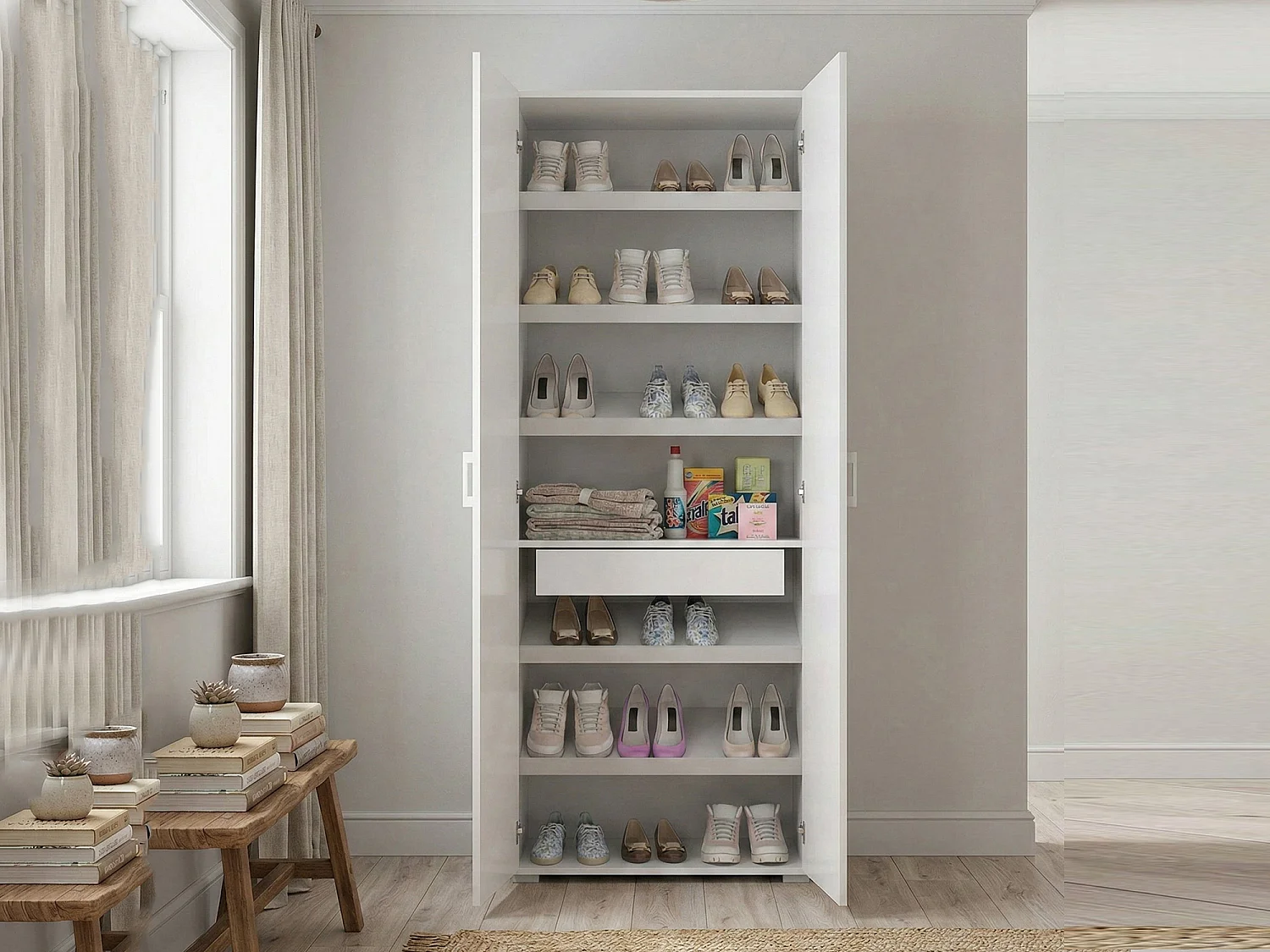 Armoire polyvalente Ddrega, Armoire linéaire avec 2 portes battantes, Armoire avec 6 étagères, Étagère à chaussures moderne, 100% Made in Italy, 72x37h195 cm, Blanc