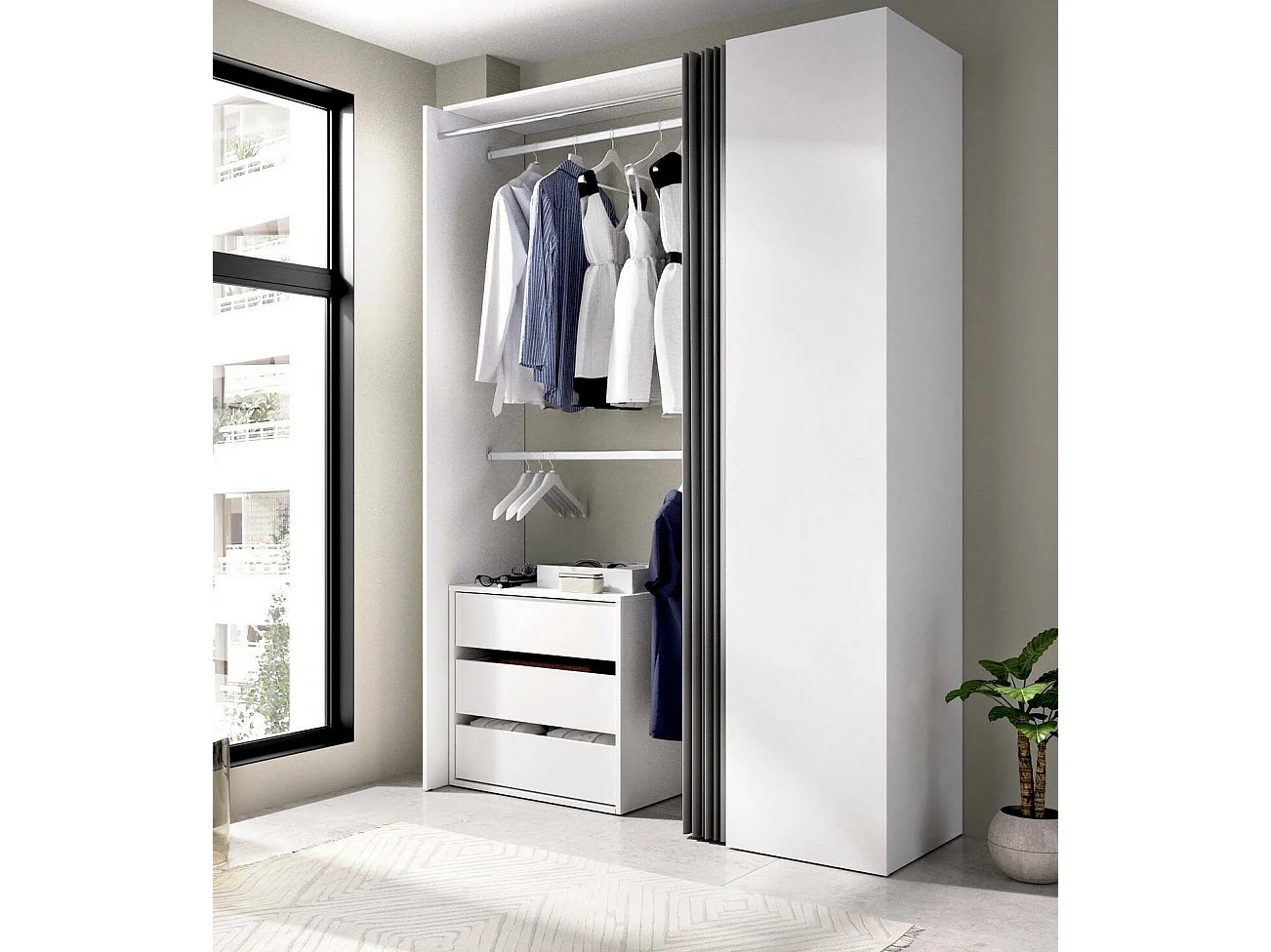 Sciliaire kledingkast, Structuur voor inloopkast, Open kleerhanger, 141x52h205 cm, Wit en Antraciet