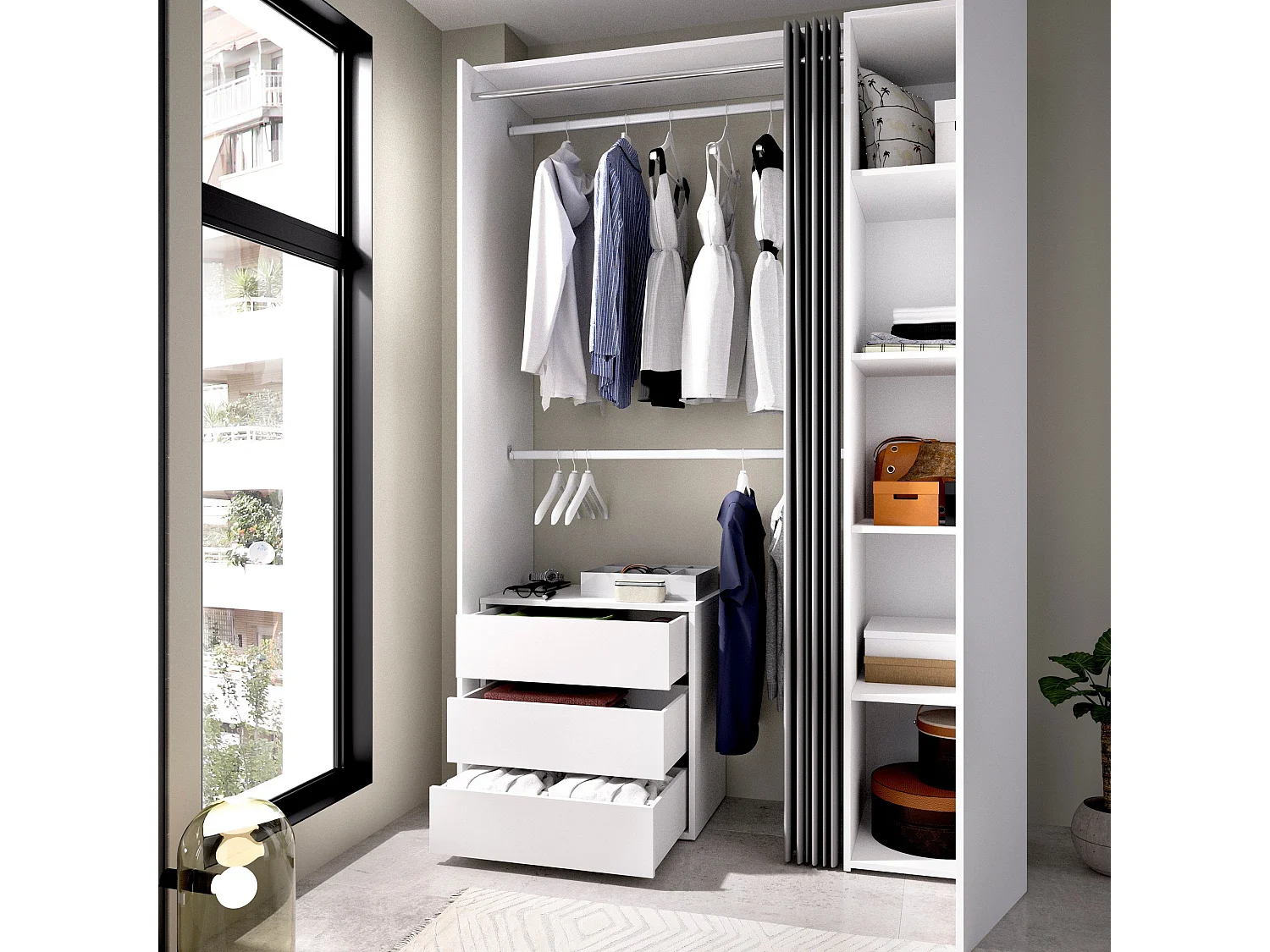 Armoire Sciliar, Structure pour dressing, Cintre ouvert, 141x52h205 cm, Blanc et Anthracite