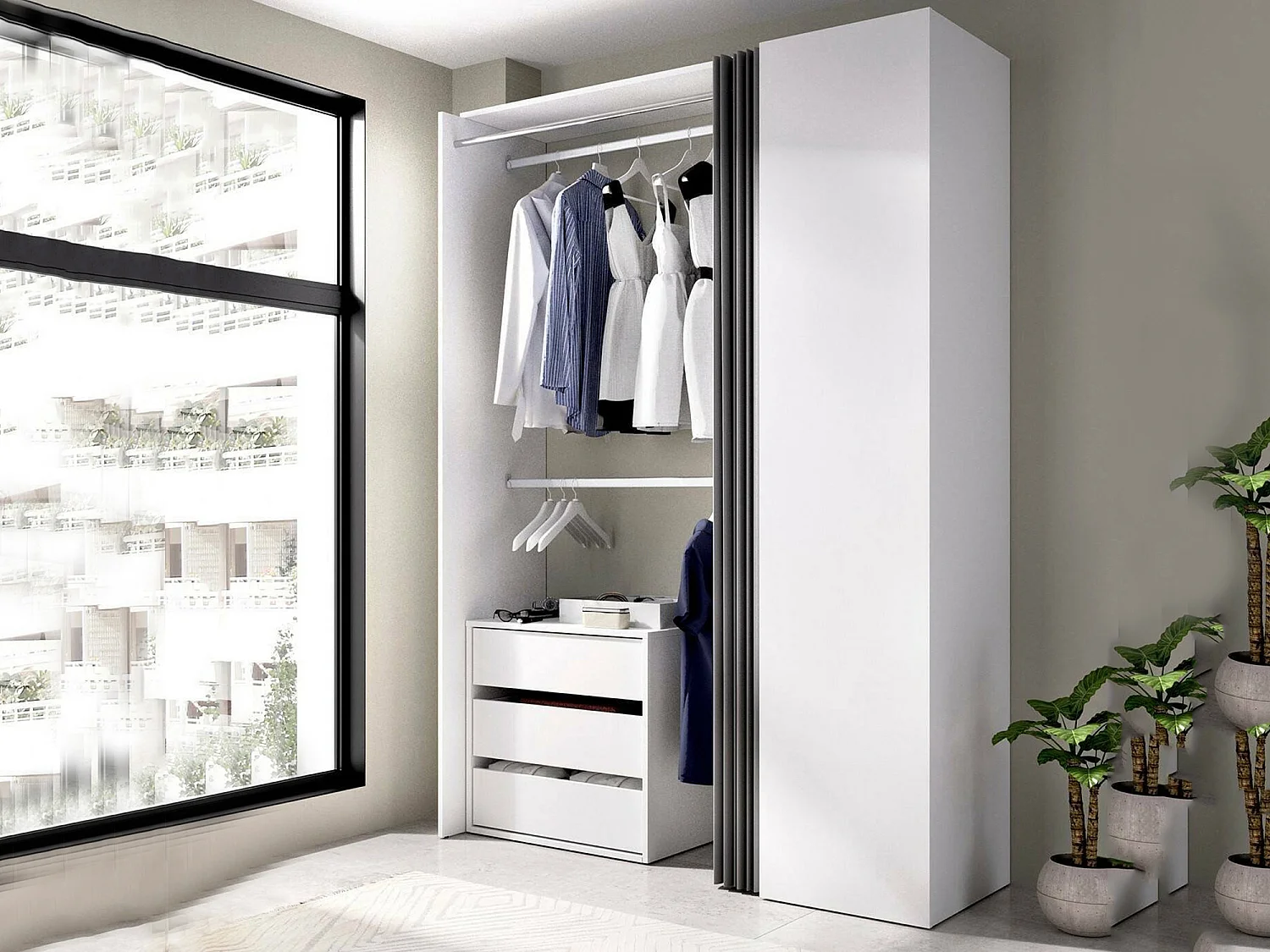 Dmora Guardaroba Grande Sciliar 52x205h cm Bianco 4 Ripiani Appendiabiti, Armadio Camera da Letto 3 Cassetti