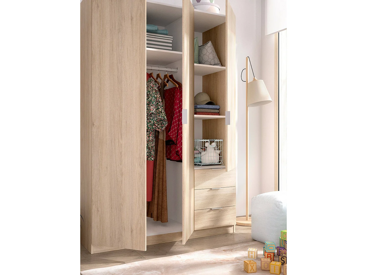 Armoire Cimone, Cintre pour chambre à coucher, Armoire avec 3 portes battantes et 3 tiroirs, 121x52h184 cm, Chêne