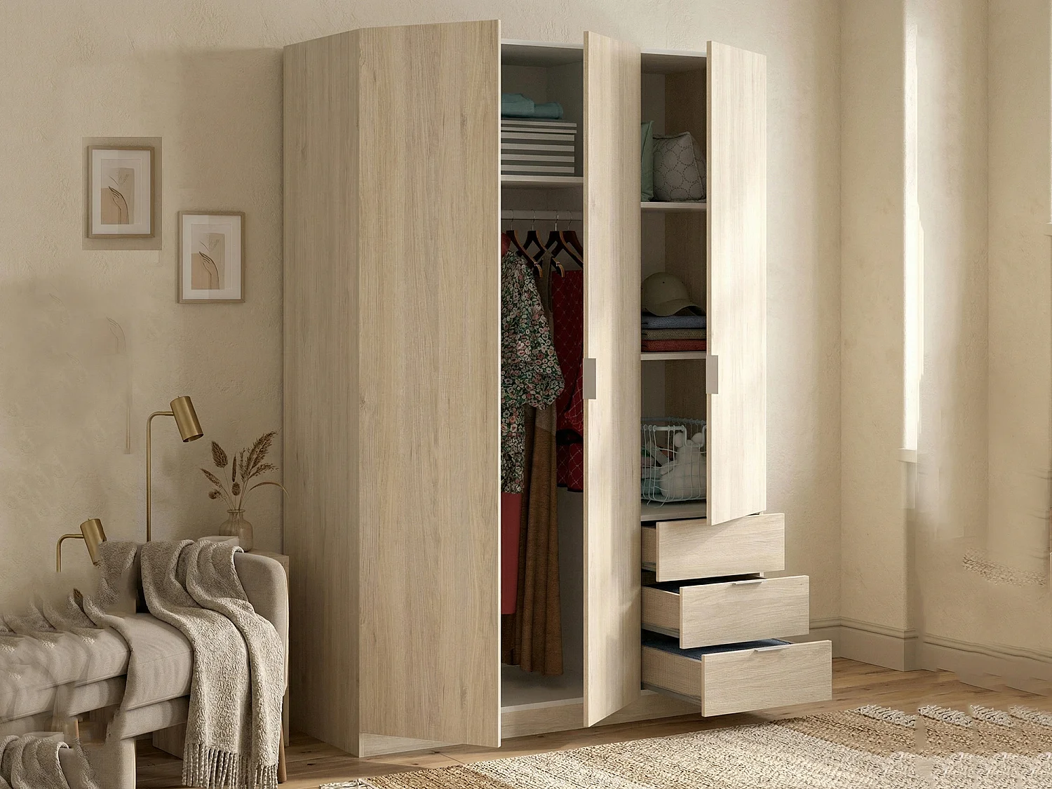 Armario Cimone, Perchero para dormitorio, Armario con 3 puertas batientes y 3 cajones, 121x52h184 cm, Roble