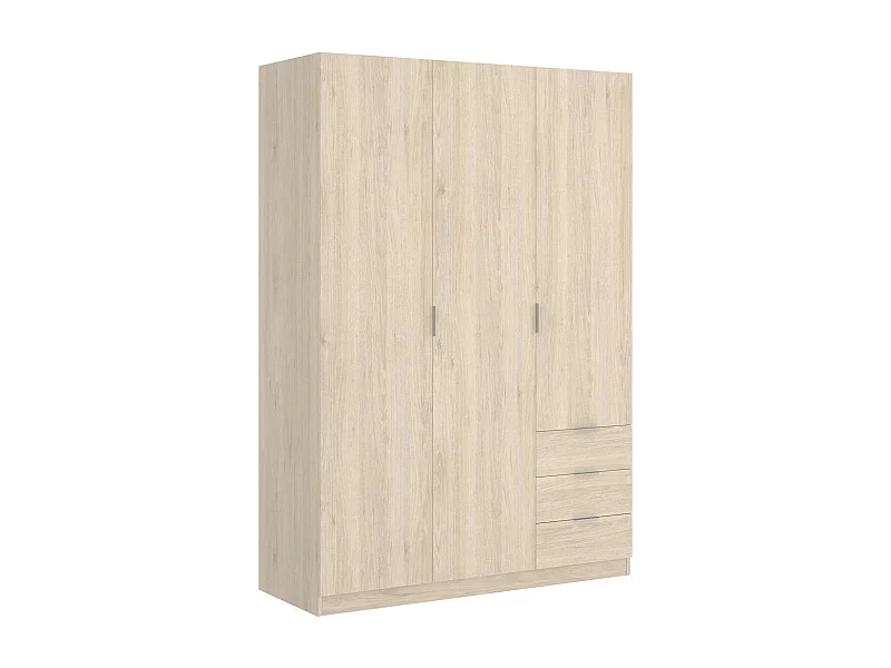 Roupeiro Cimone, Cabide para quarto, Roupeiro com 3 portas de batente e 3 gavetas, 121x52h184 cm, Carvalho