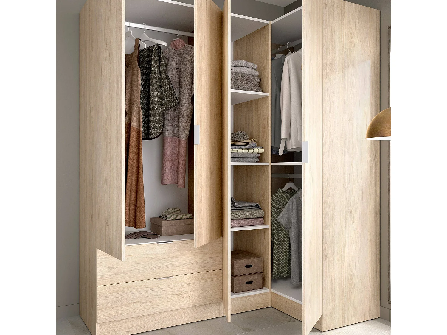 Armario Sillara, Mueble de esquina para dormitorio, Armario de esquina con 4 puertas batientes, 174x91h184 cm, Roble