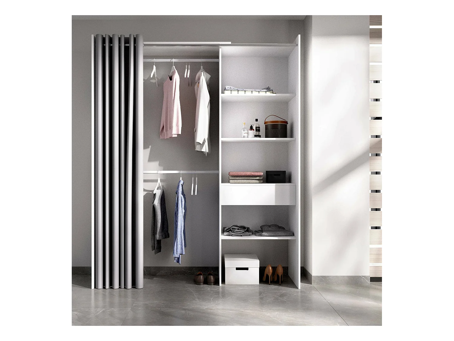 Armoire Wetterhorn, Structure pour dressing, Cintre ouvert, 160x50h205 cm, Blanc et Gris