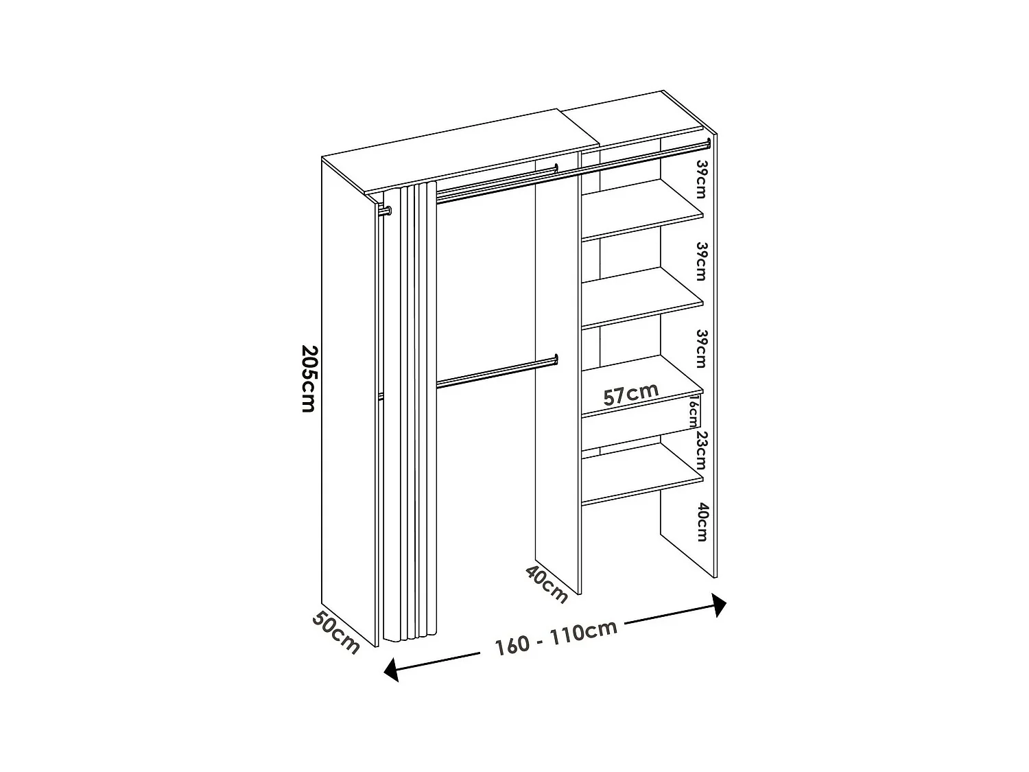 Armoire Wetterhorn, Structure pour dressing, Cintre ouvert, 160x50h205 cm, Blanc et Gris