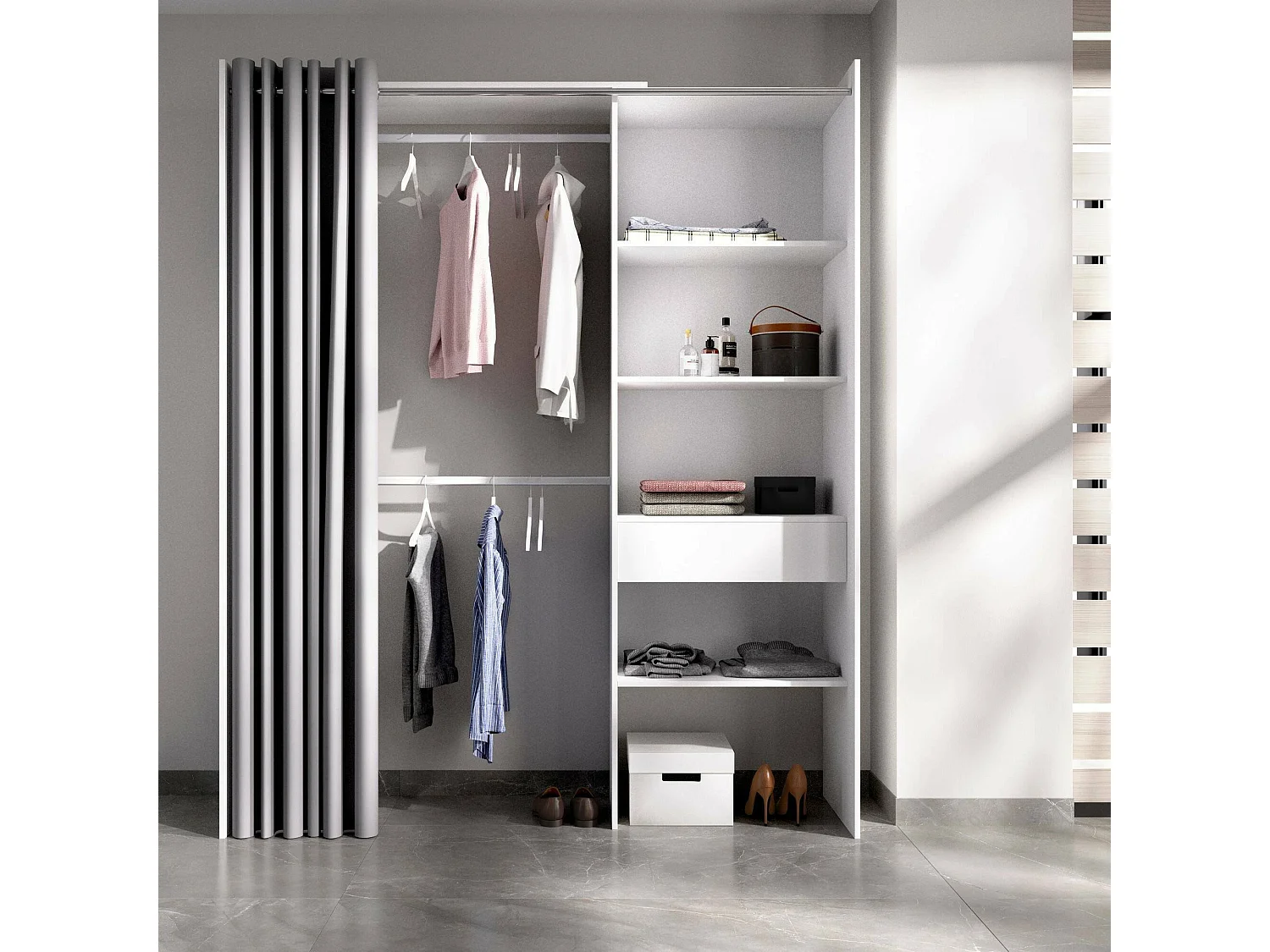Armário Wetterhorn, Estrutura para guarda-roupa, Cabide aberto, 160x50h205 cm, Branco e Cinza