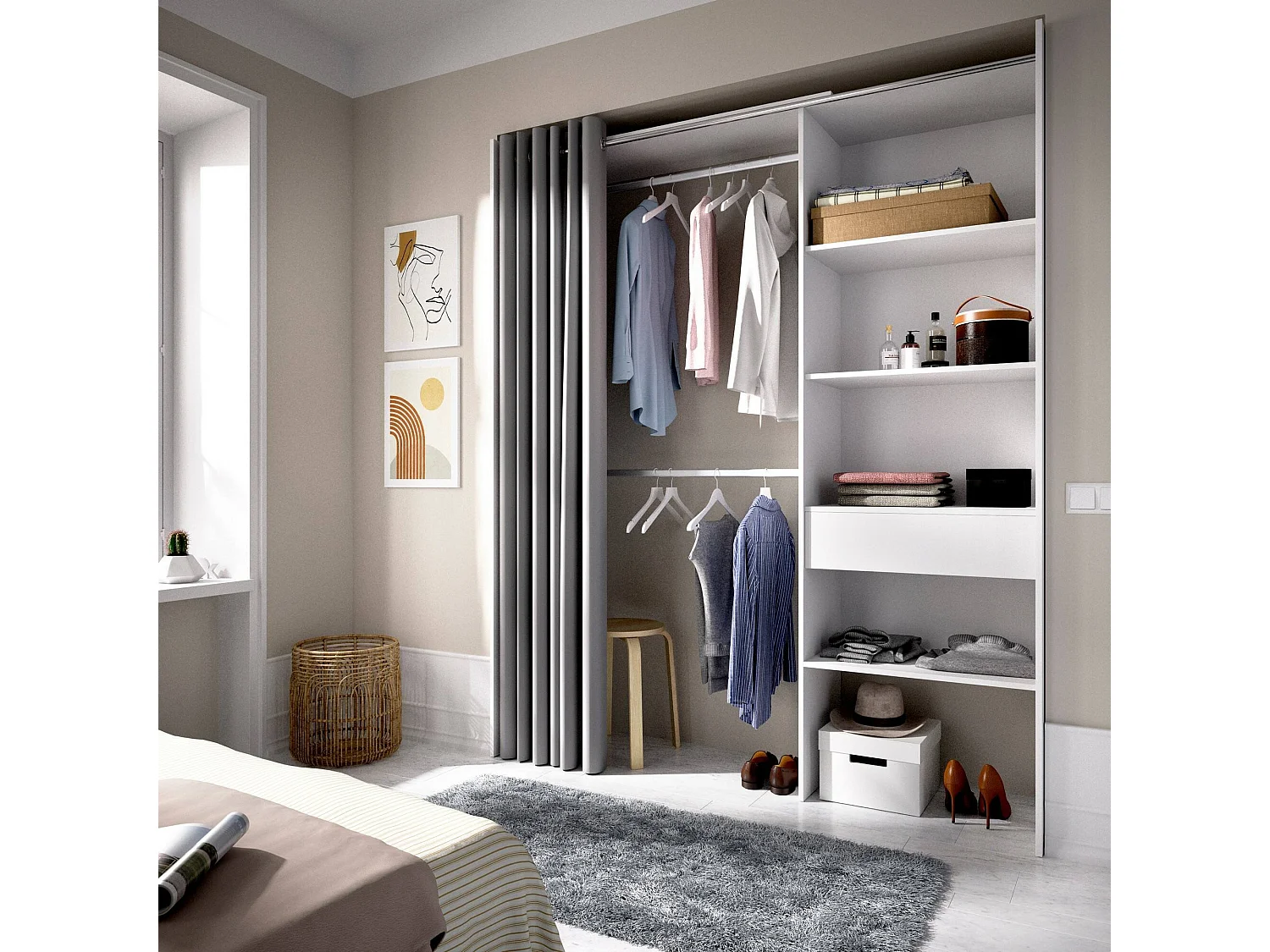 Armário Wetterhorn, Estrutura para guarda-roupa, Cabide aberto, 160x50h205 cm, Branco e Cinza