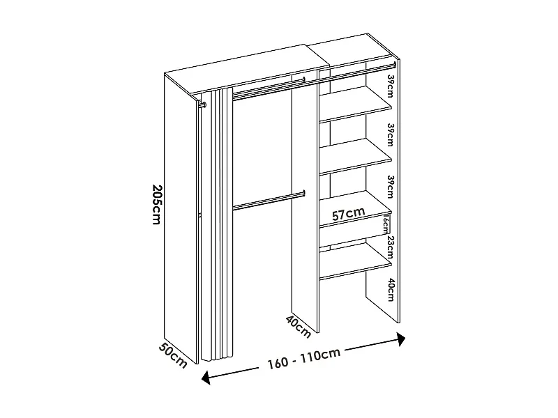 Armoire Wetterhorn, Structure pour dressing, Cintre ouvert, 160x50h205 cm, Blanc et Gris