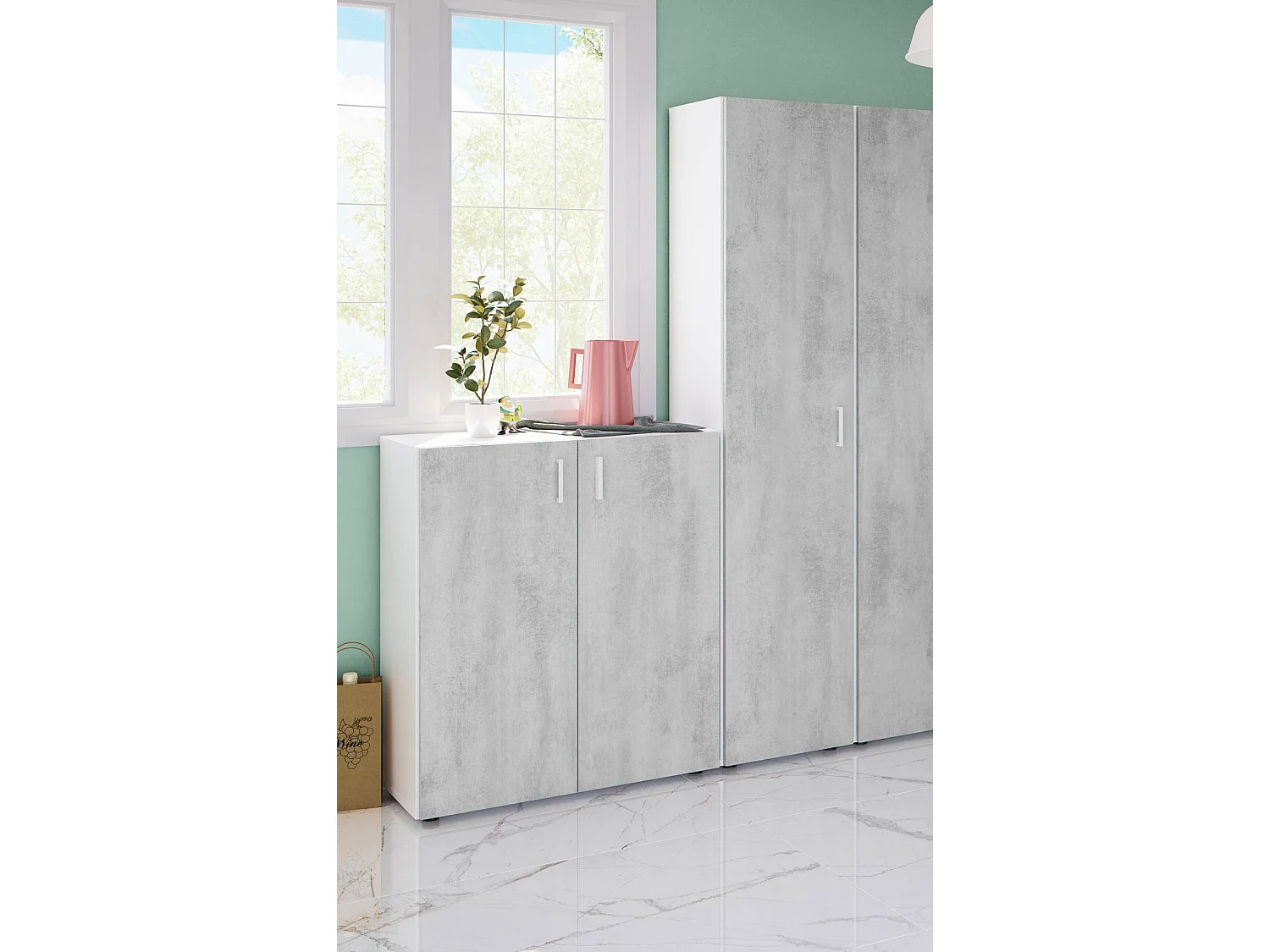 Armoire polyvalente Dmana, Armoire auxiliaire avec 1 porte et 3 étagères, Armoire moderne, Armoire colonne haute, 41x37h182 cm, Ciment et Blanc