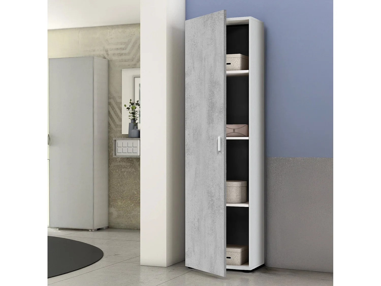 Armoire polyvalente Dmana, Armoire auxiliaire avec 1 porte et 3 étagères, Armoire moderne, Armoire colonne haute, 41x37h182 cm, Ciment et Blanc