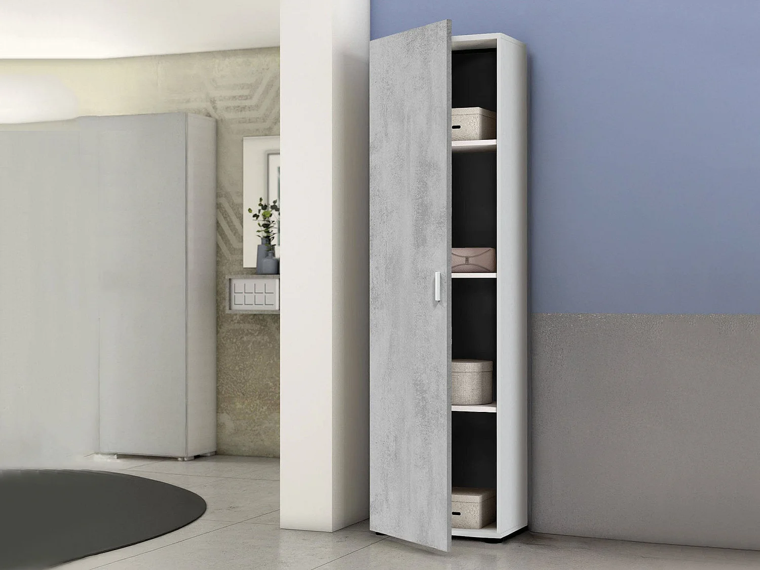Armoire polyvalente Dmana, Armoire auxiliaire avec 1 porte et 3 étagères, Armoire moderne, Armoire colonne haute, 41x37h182 cm, Ciment et Blanc