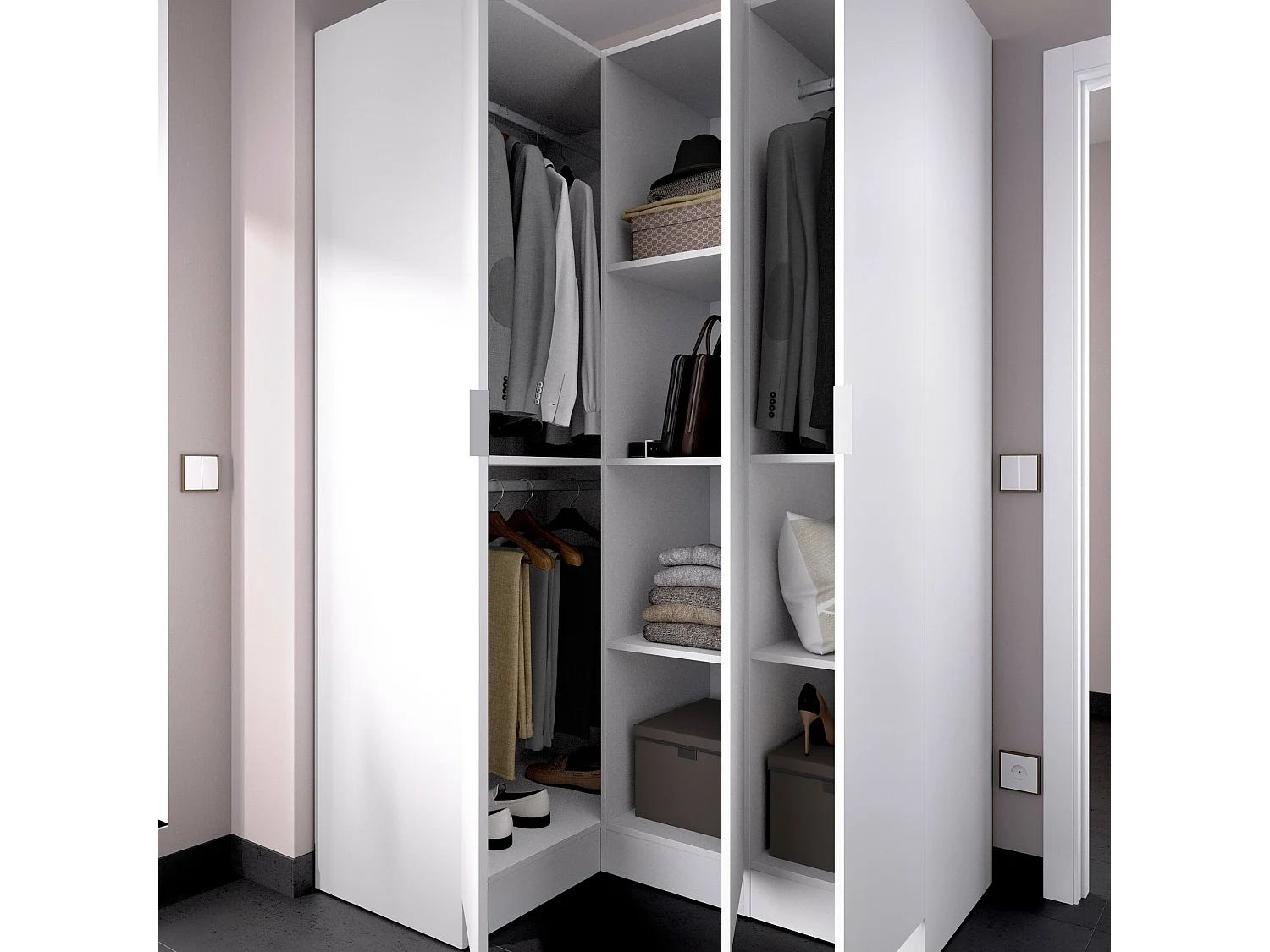 Armoire Meru, Armoire d'angle pour chambre à coucher, Armoire d'angle avec 3 portes battantes, 133x91h184 cm, Blanc