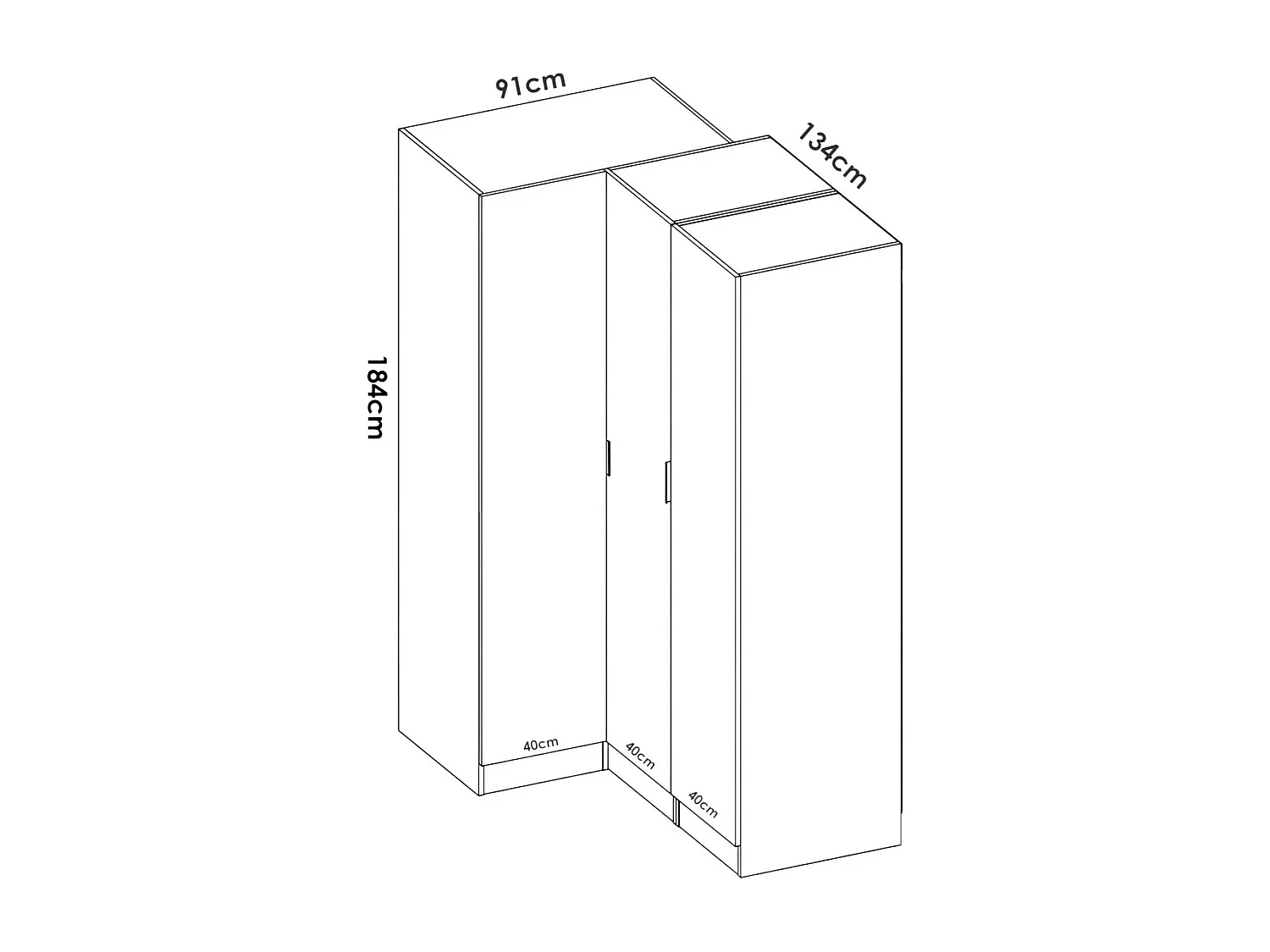 Armario Meru, Mueble de esquina para dormitorio, Armario de esquina con 3 puertas batientes, 133x91h184 cm, Blanco