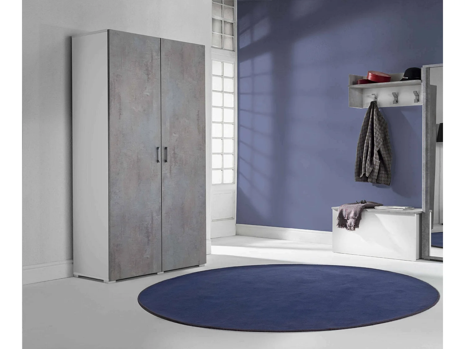 Armadio multiuso 2 ante effetto legno cemento, bianco 90x45h195 cm