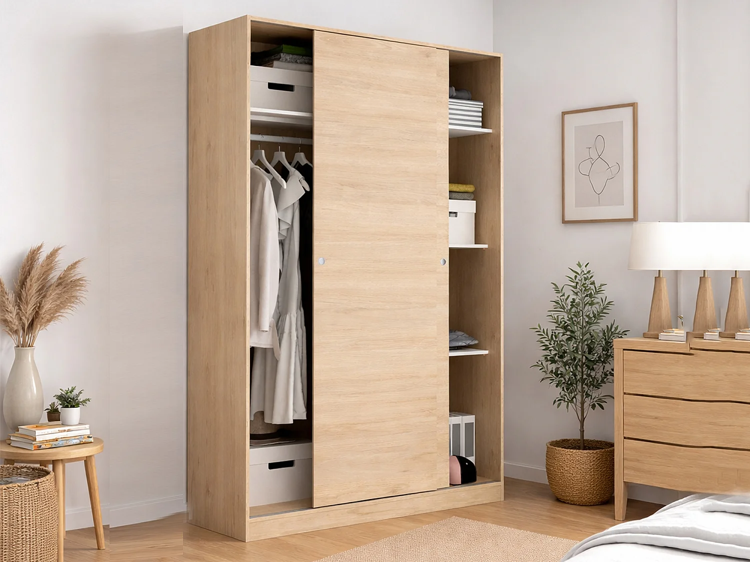 Armoire Denali, Cintre pour chambre à coucher, Armoire avec 2 portes coulissantes, 120x50h204 cm, Chêne